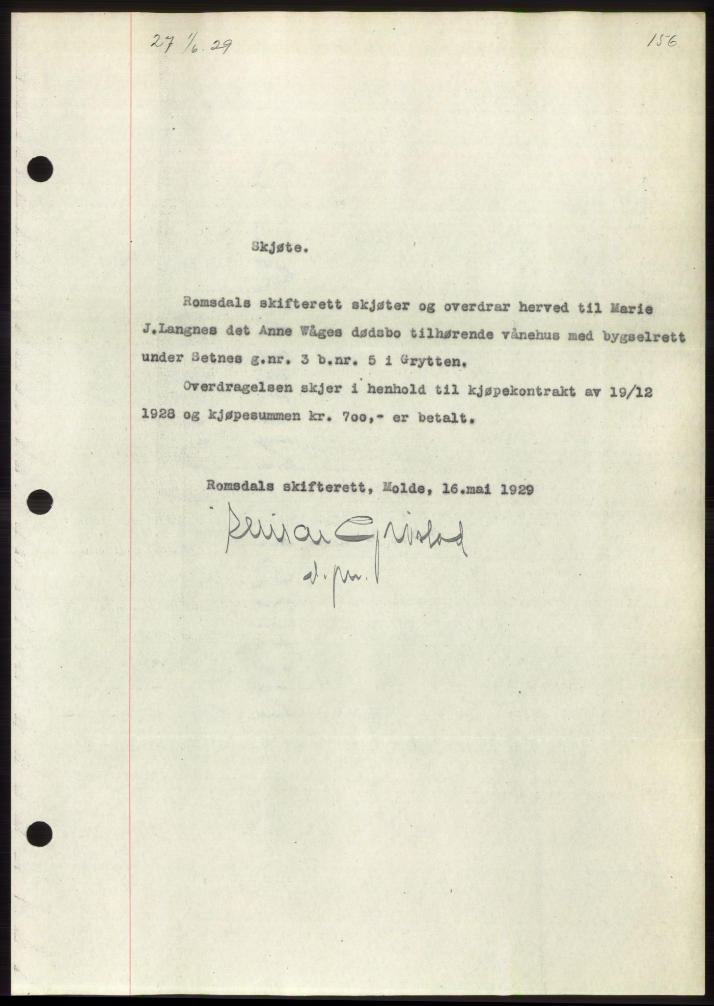 Romsdal sorenskriveri, AV/SAT-A-4149/1/2/2C/L0056: Mortgage book no. 50, 1929-1929, Deed date: 01.06.1929