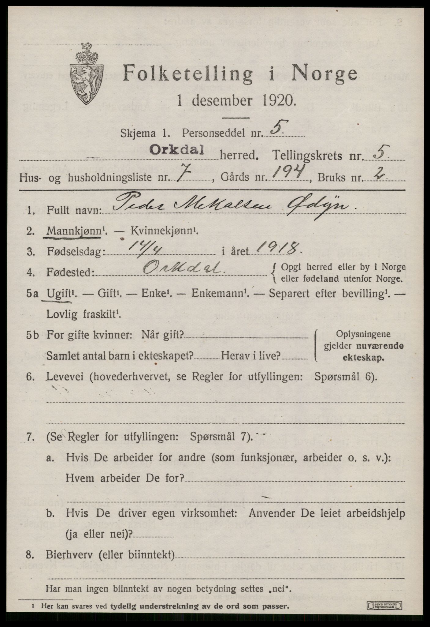 SAT, 1920 census for Orkdal, 1920, p. 4698