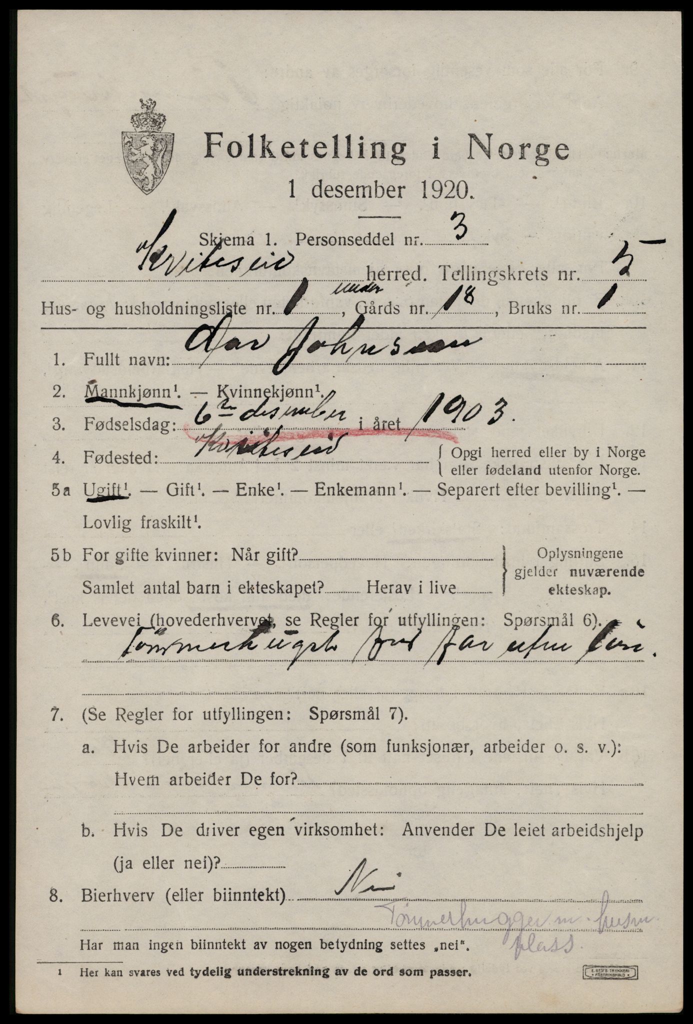 SAKO, 1920 census for Kviteseid, 1920, p. 2833