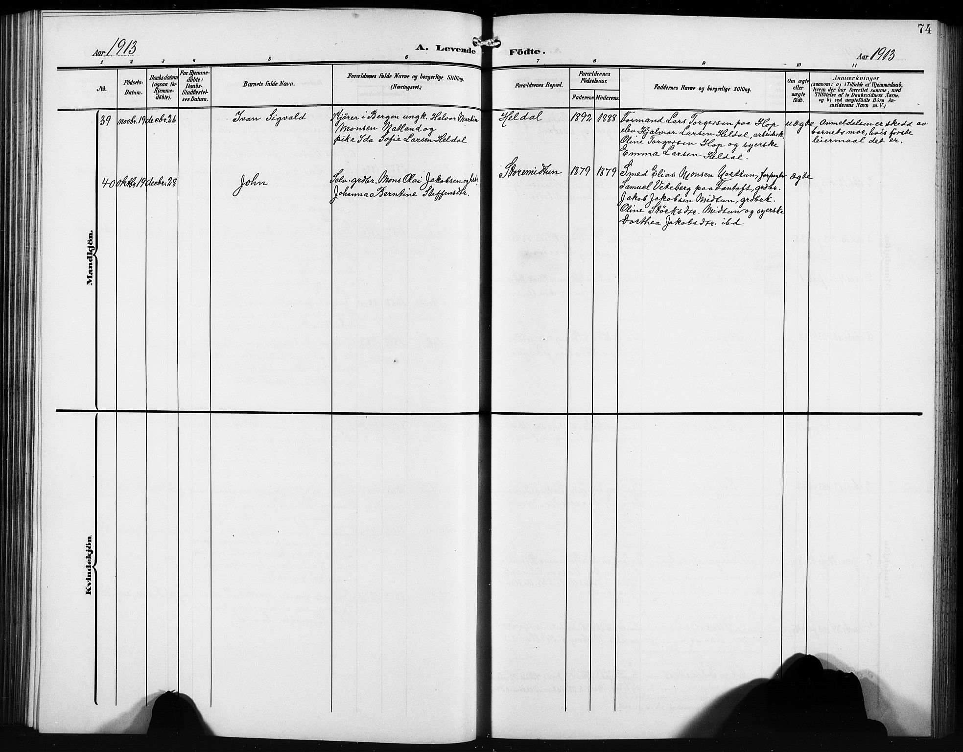 Birkeland Sokneprestembete, AV/SAB-A-74601/H/Hab: Parish register (copy) no. A 6, 1906-1915, p. 74