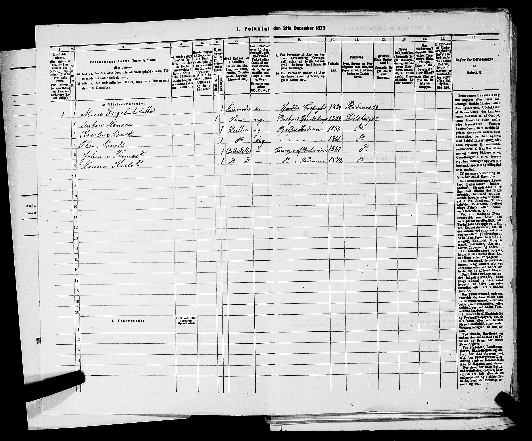 RA, 1875 census for 0125P Eidsberg, 1875, p. 52