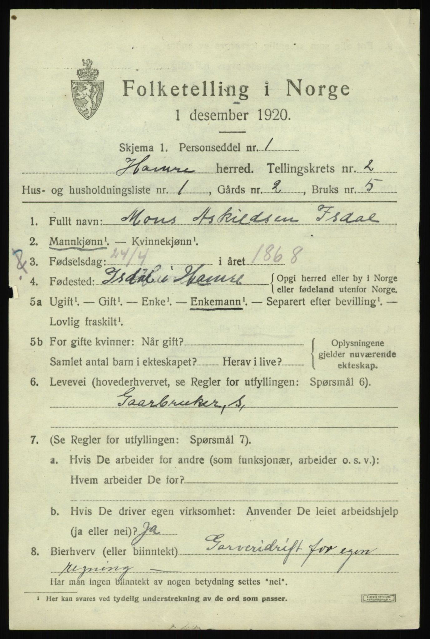 SAB, 1920 census for Hamre, 1920, p. 1261