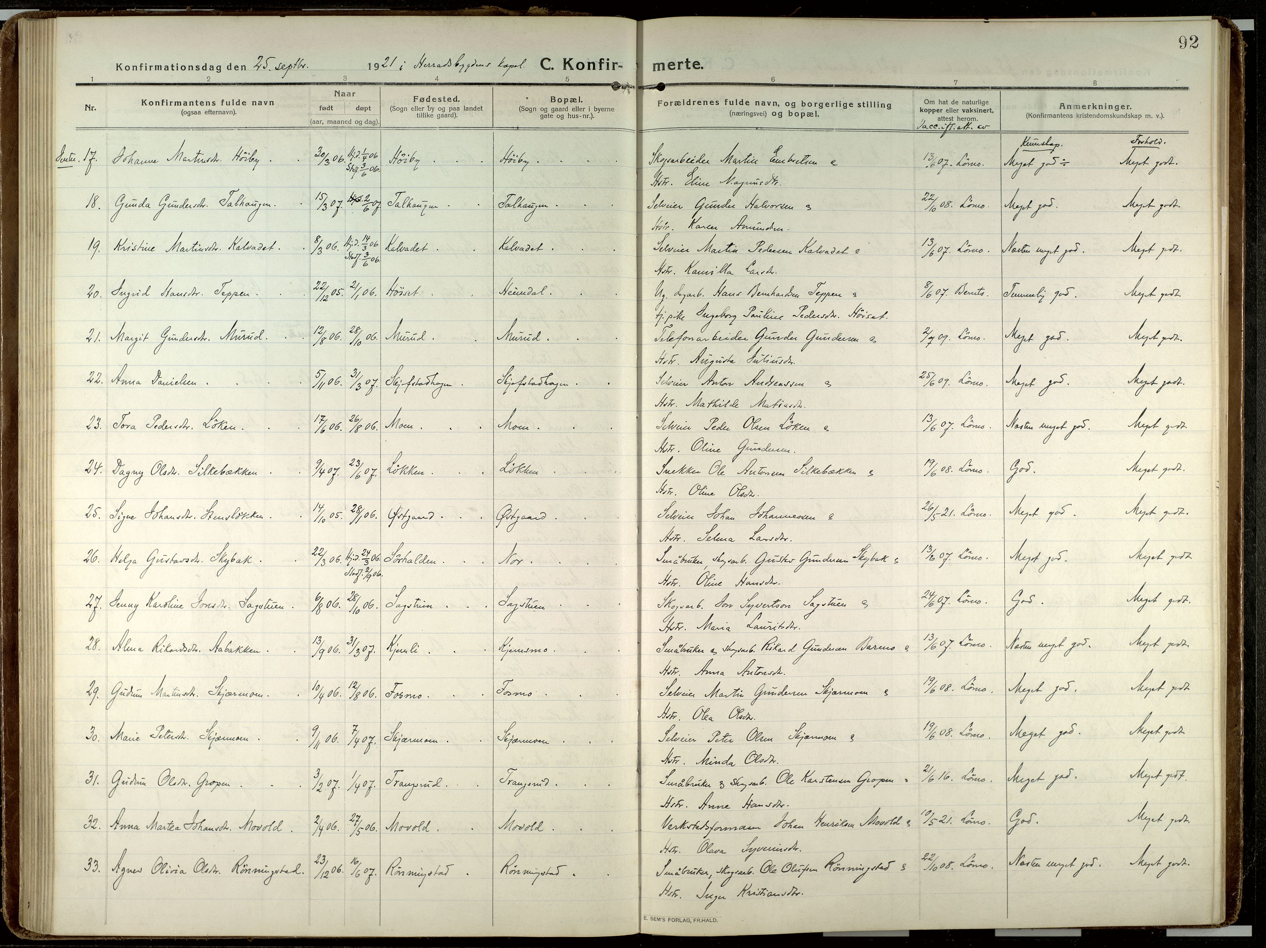 Elverum prestekontor, AV/SAH-PREST-044/H/Ha/Haa/L0023: Parish register (official) no. 23, 1914-1929, p. 92