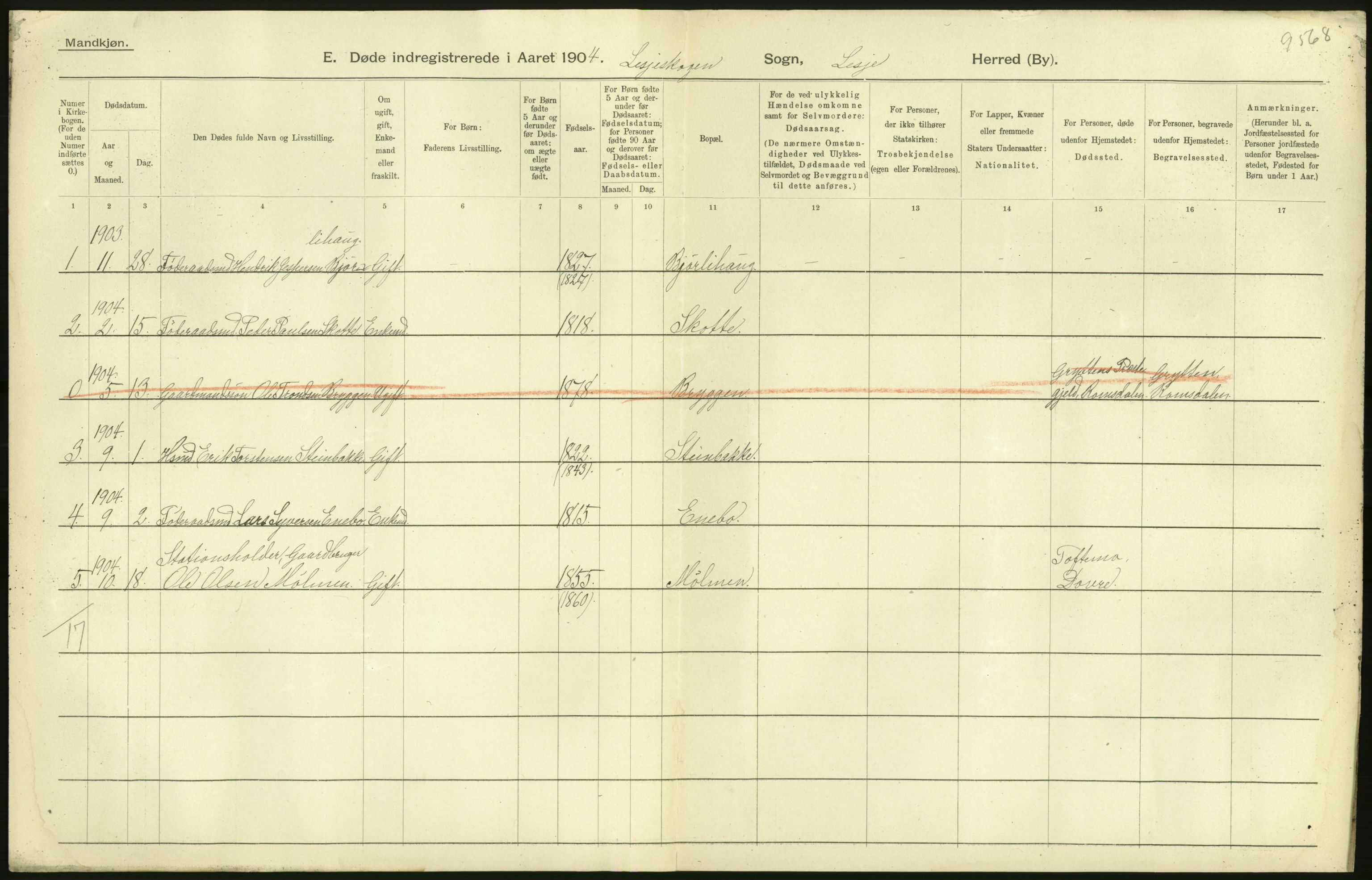 Statistisk sentralbyrå, Sosiodemografiske emner, Befolkning, AV/RA-S-2228/D/Df/Dfa/Dfab/L0006: Kristians amt: Fødte, gifte, døde, 1904, p. 450