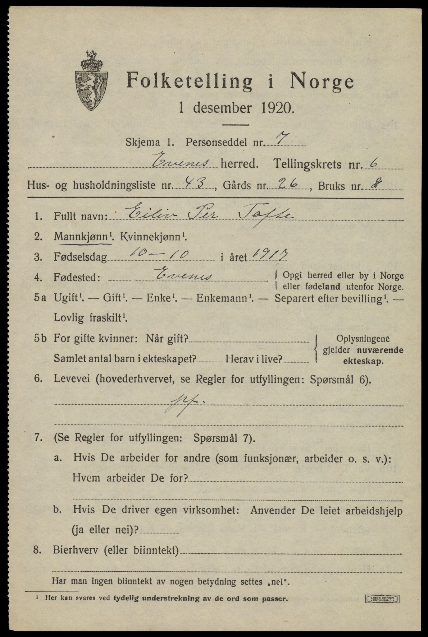 SAT, 1920 census for Evenes, 1920, p. 6024