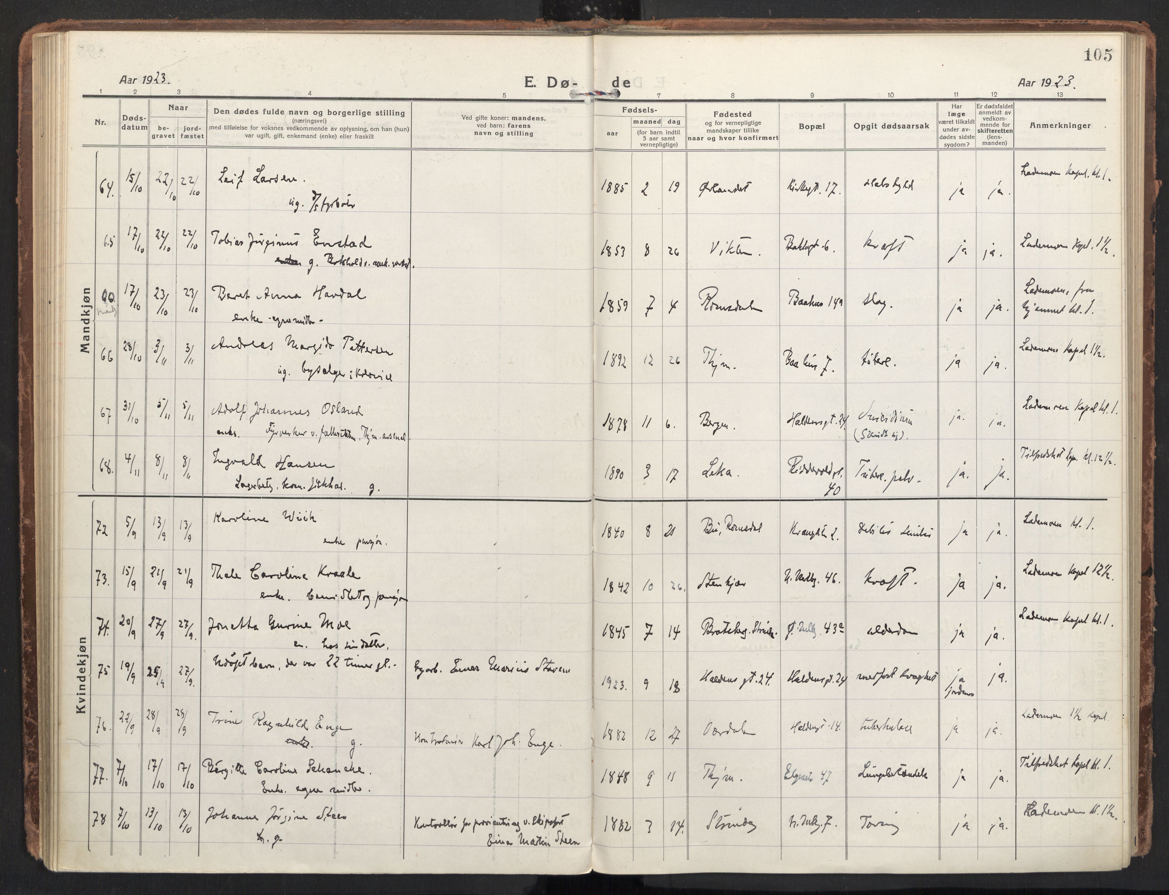 Ministerialprotokoller, klokkerbøker og fødselsregistre - Sør-Trøndelag, AV/SAT-A-1456/604/L0207: Parish register (official) no. 604A27, 1917-1933, p. 105