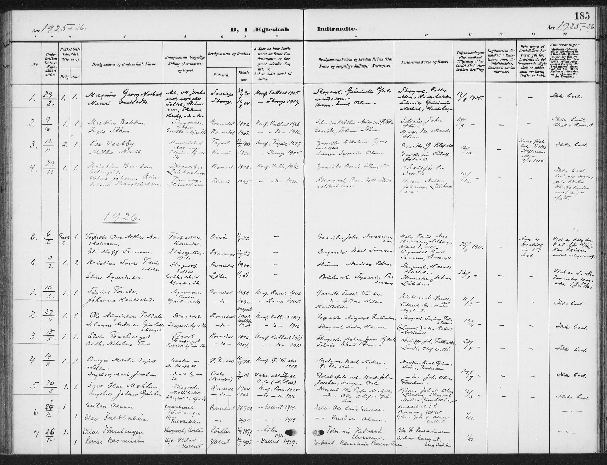 Romedal prestekontor, SAH/PREST-004/K/L0009: Parish register (official) no. 9, 1906-1929, p. 185