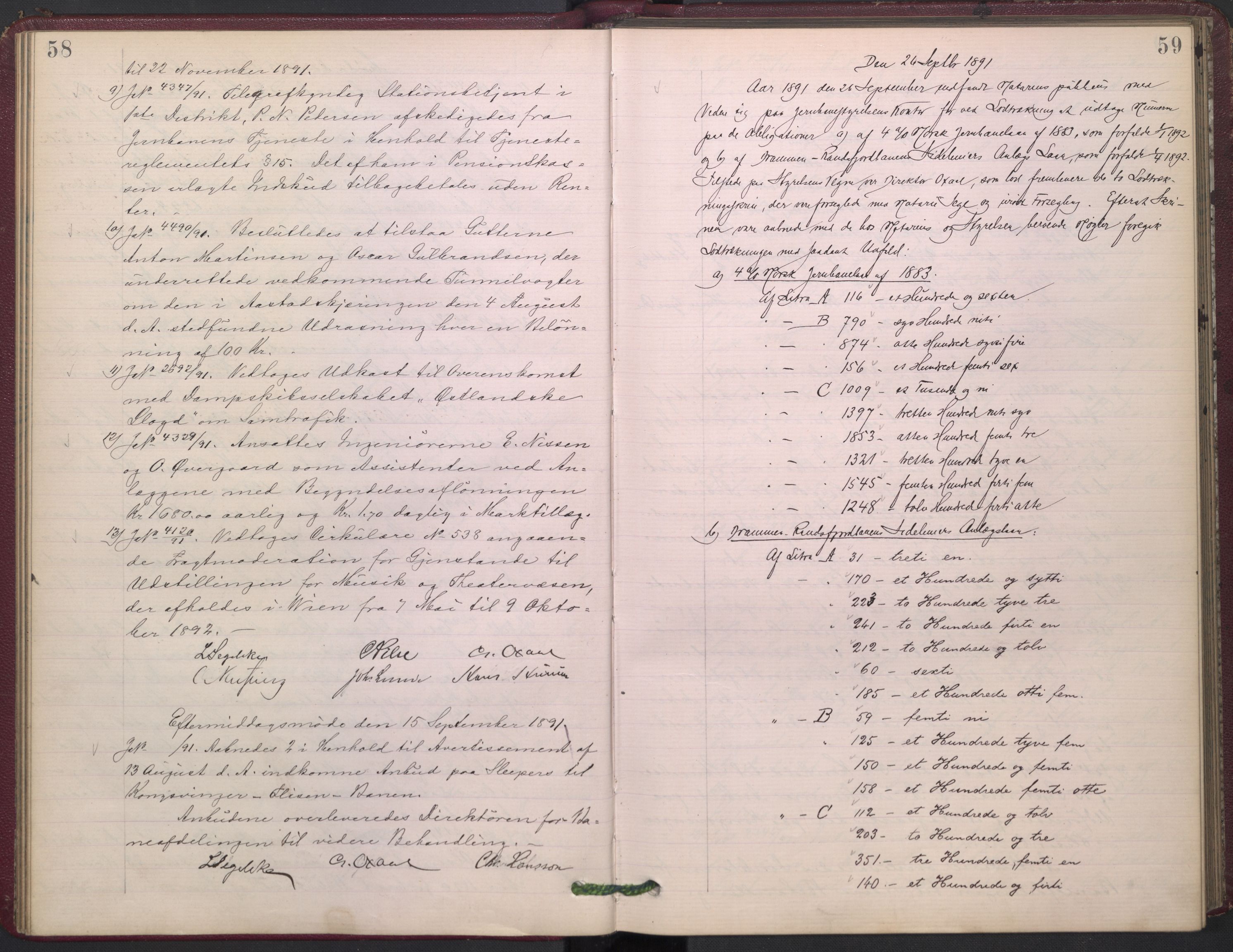 Norges statsbaner, Administrasjons- økonomi- og personalavdelingen, AV/RA-S-3412/A/Aa/L0002: Forhandlingsprotokoll, 1891-1893, p. 58-59