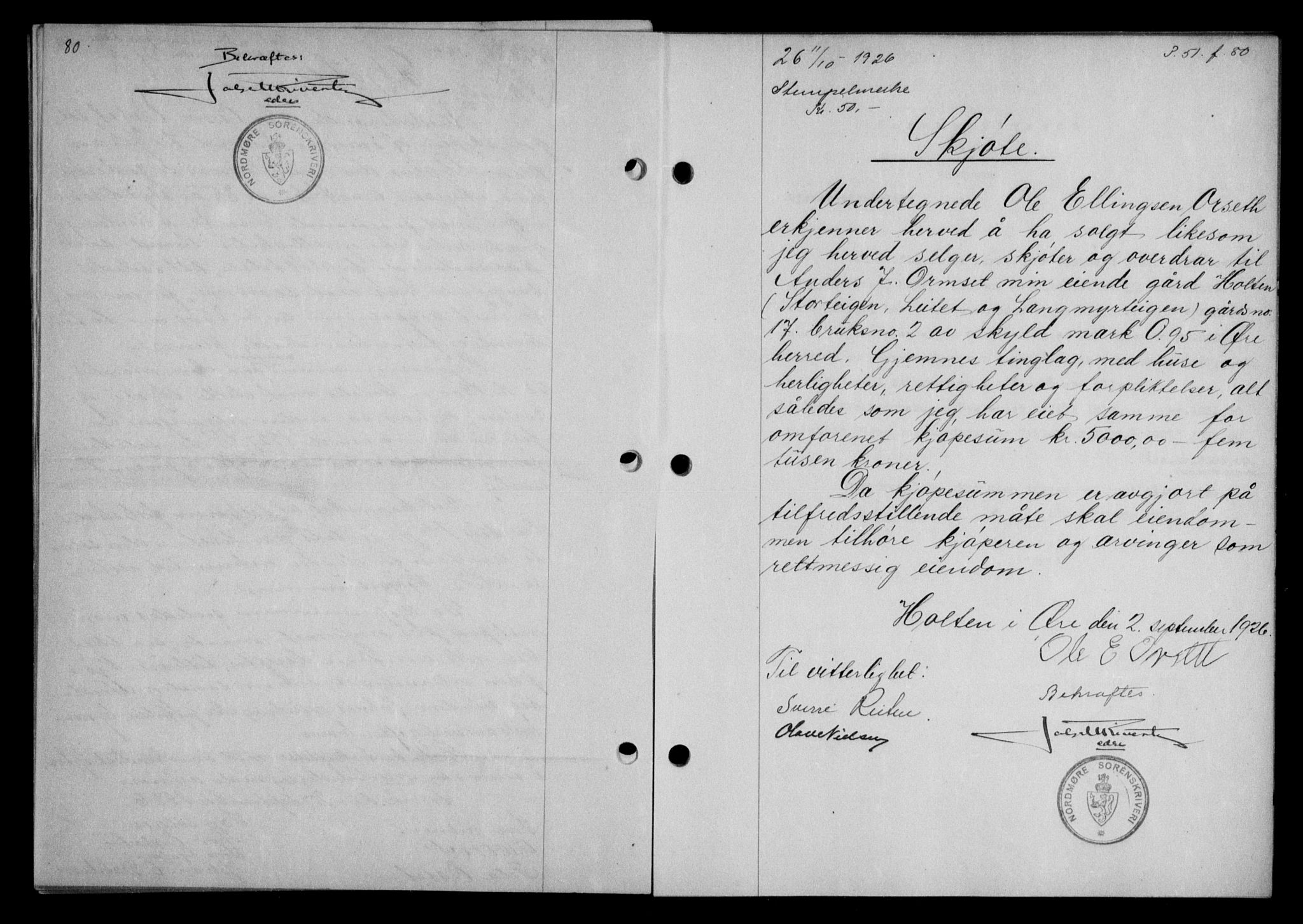 Nordmøre sorenskriveri, AV/SAT-A-4132/1/2/2Ca/L0061: Mortgage book no. 51, 1926-1927, Deed date: 11.10.1926