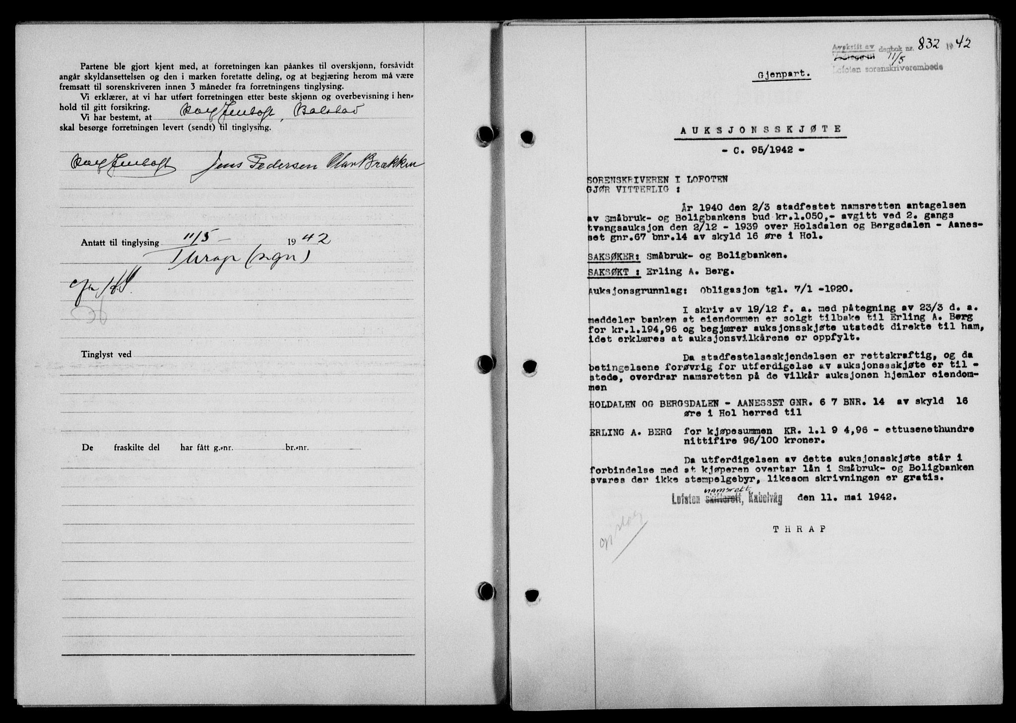 Lofoten sorenskriveri, SAT/A-0017/1/2/2C/L0009a: Mortgage book no. 9a, 1941-1942, Diary no: : 832/1942