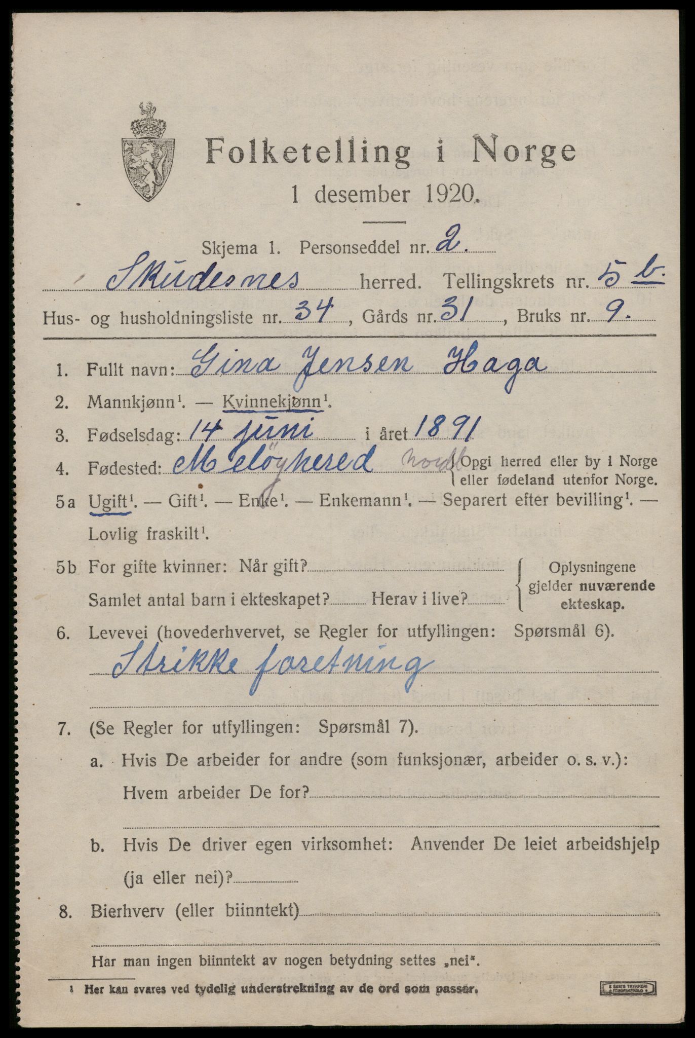 SAST, 1920 census for Skudenes, 1920, p. 4874