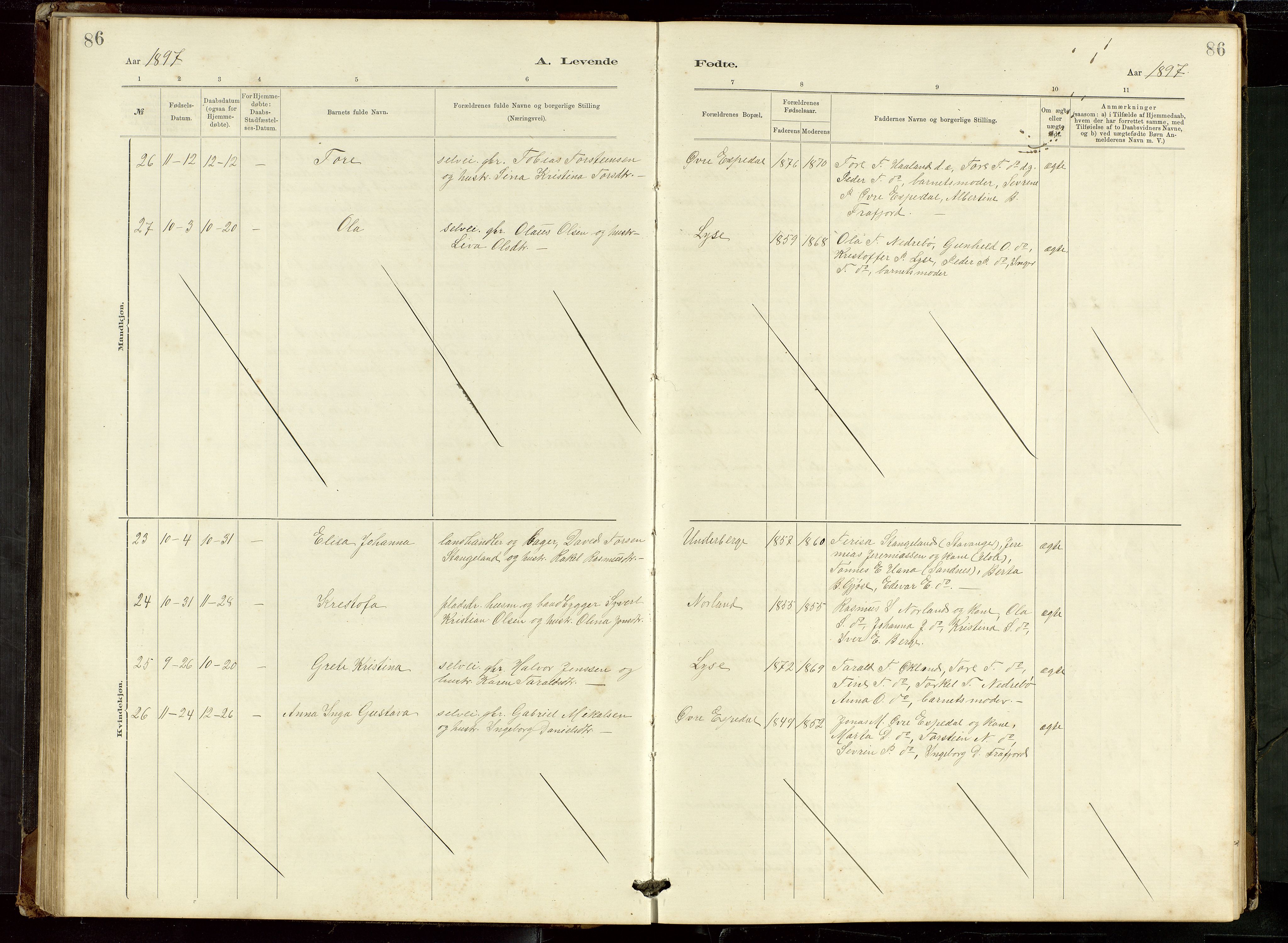 Høgsfjord sokneprestkontor, AV/SAST-A-101624/H/Ha/Hab/L0009: Parish register (copy) no. B 9, 1883-1920, p. 86