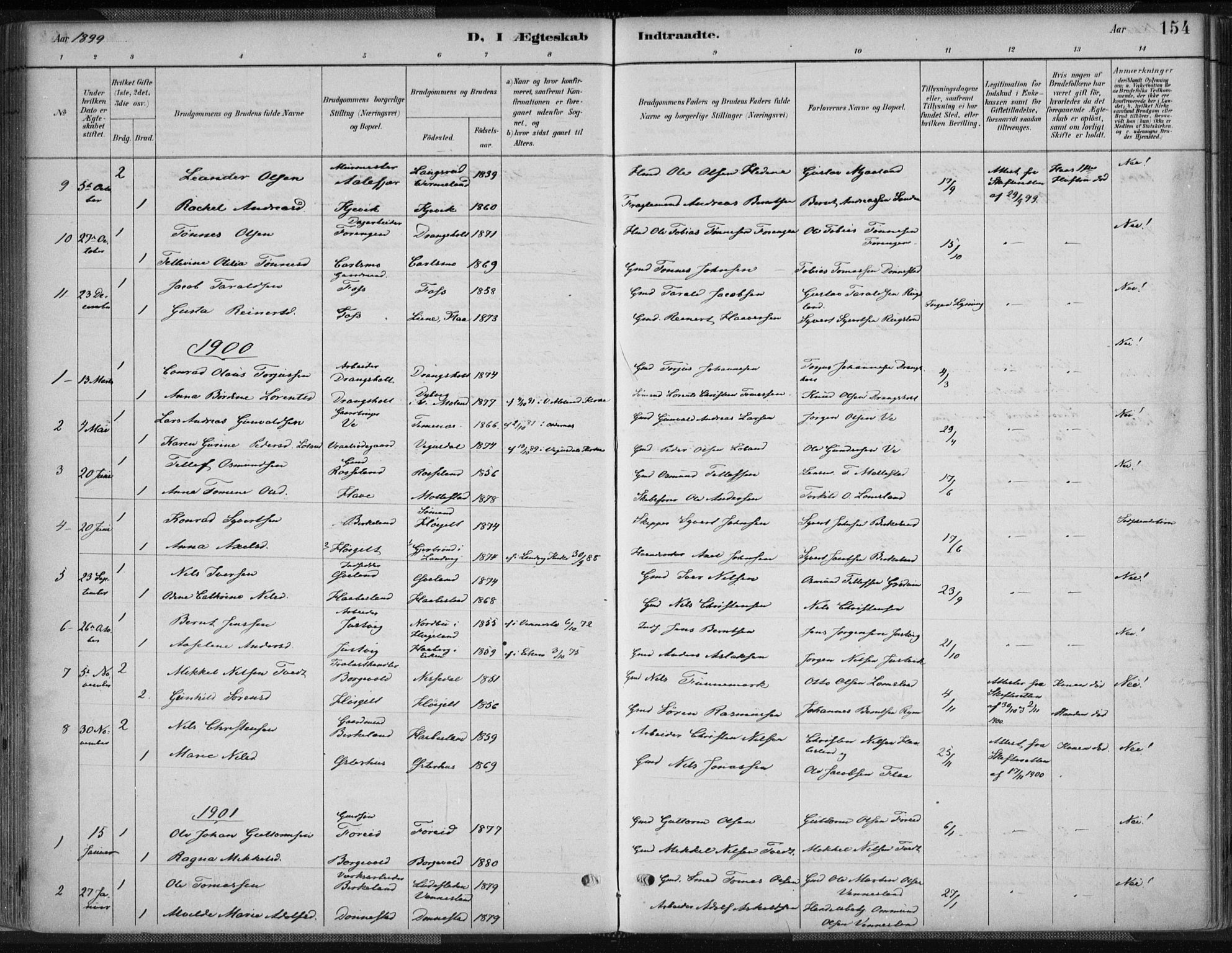 Tveit sokneprestkontor, AV/SAK-1111-0043/F/Fa/L0007: Parish register (official) no. A 7, 1887-1908, p. 154