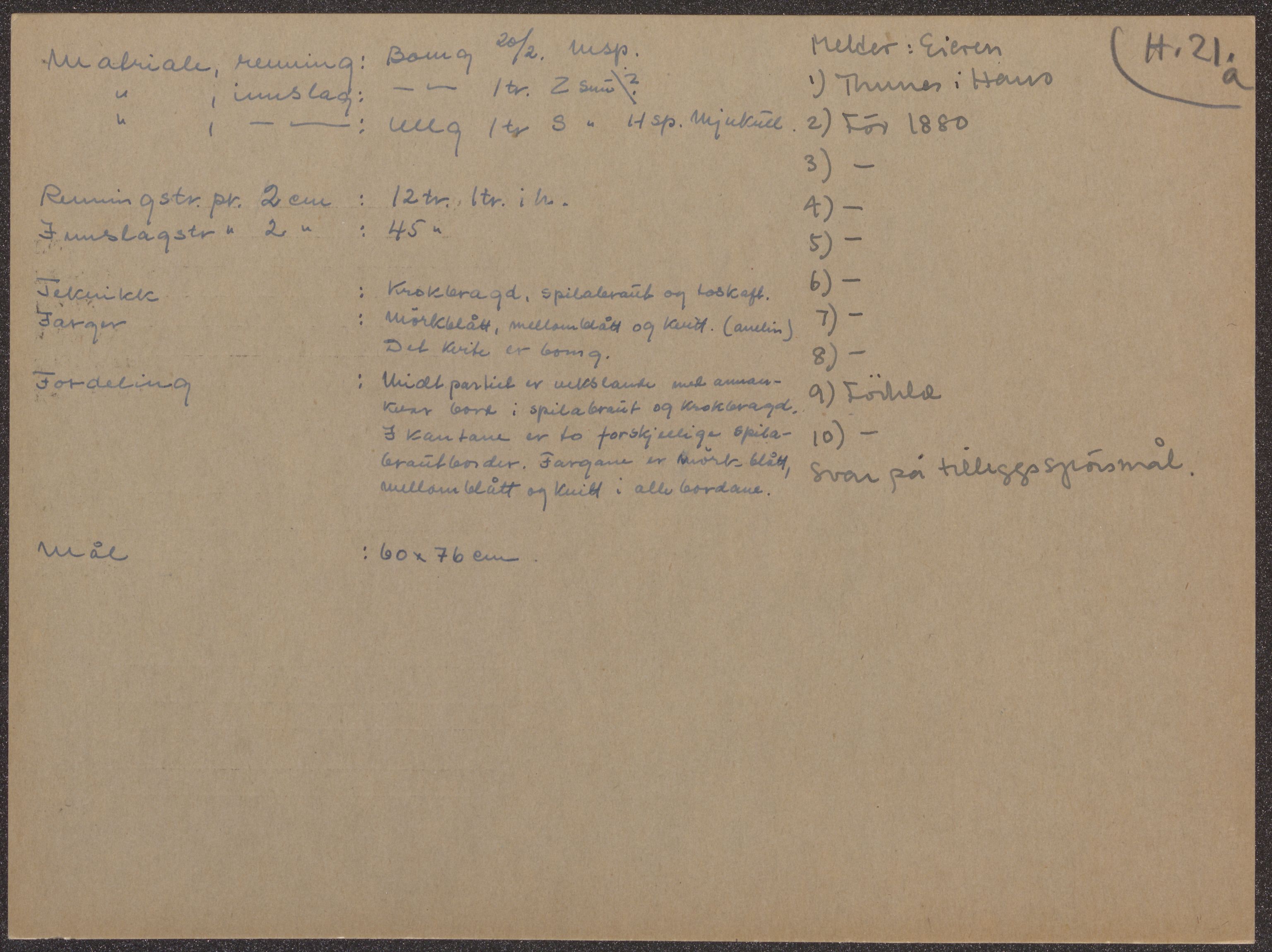 Åkleprosjektet 1957, UMB/A008/F/Fa/L0001/0004: Registreringskort Smettåkle A-H / Smettåkler H, 1957