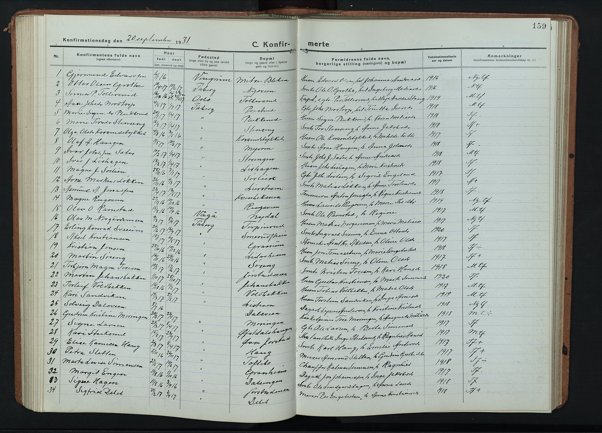 Fåberg prestekontor, AV/SAH-PREST-086/H/Ha/Hab/L0014: Parish register (copy) no. 14, 1922-1946, p. 159