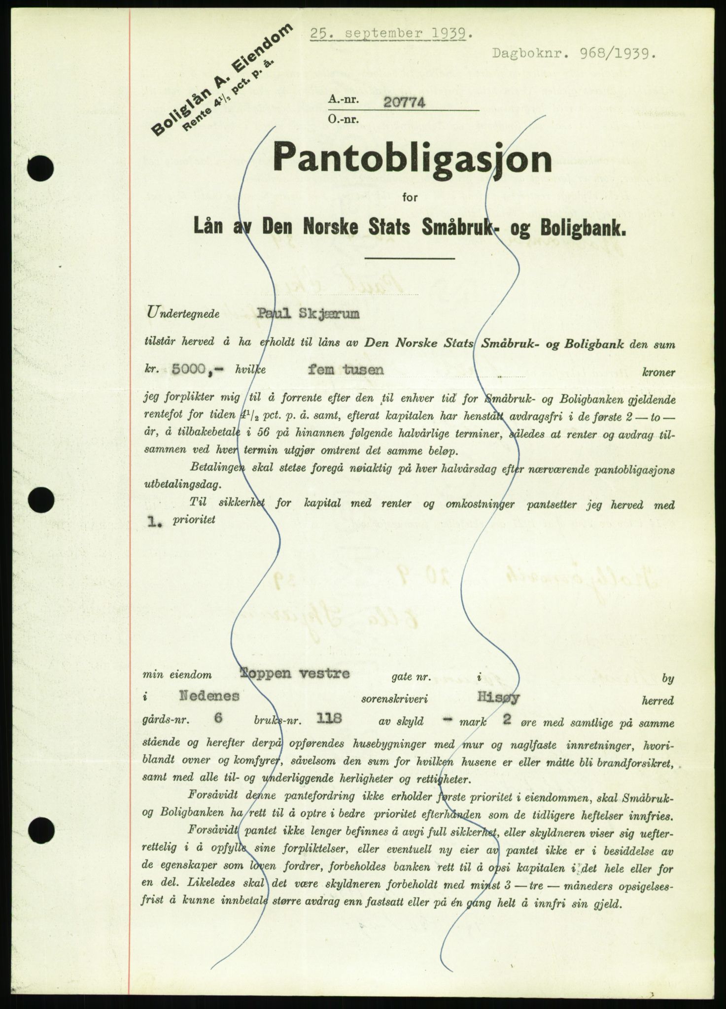 Nedenes sorenskriveri, AV/SAK-1221-0006/G/Gb/Gbb/L0001: Mortgage book no. I, 1939-1942, Diary no: : 968/1939