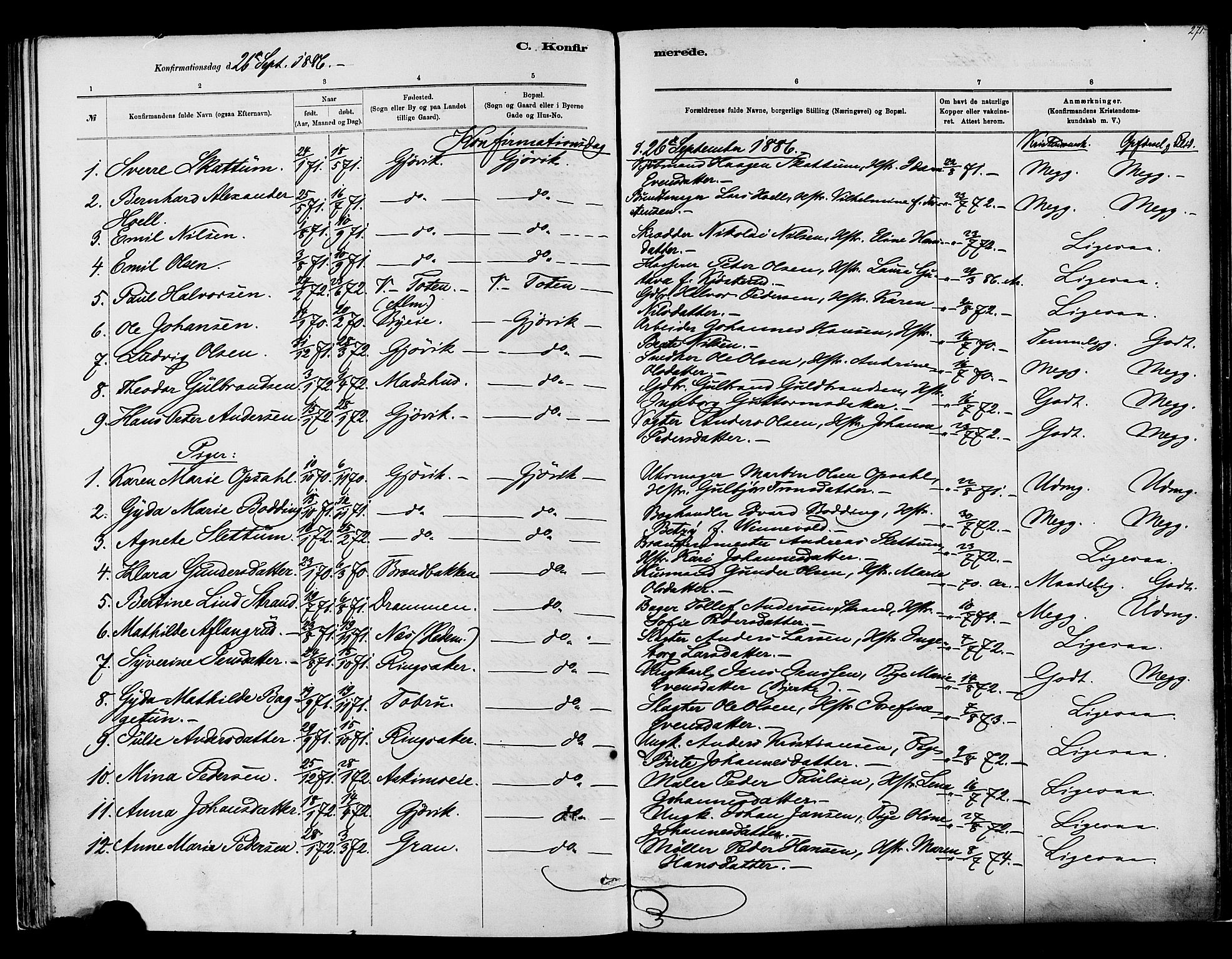 Vardal prestekontor, SAH/PREST-100/H/Ha/Haa/L0008: Parish register (official) no. 8, 1878-1890, p. 271
