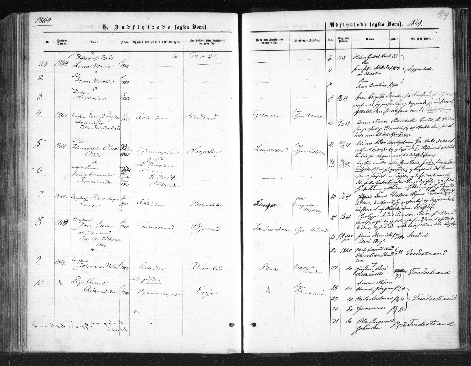 Tromøy sokneprestkontor, SAK/1111-0041/F/Fa/L0007: Parish register (official) no. A 7, 1864-1869, p. 414