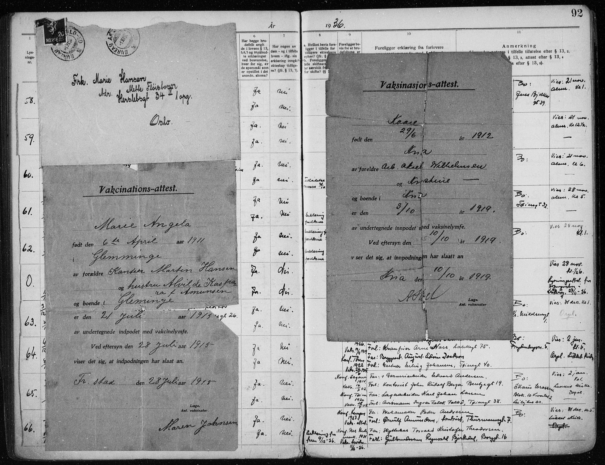 Tøyen prestekontor Kirkebøker, AV/SAO-A-10167a/H/Ha/L0001: Banns register no. 1, 1919-1937, p. 92