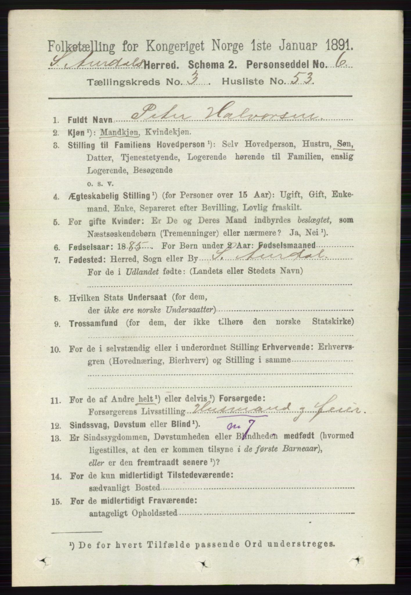 RA, 1891 census for 0540 Sør-Aurdal, 1891, p. 2005