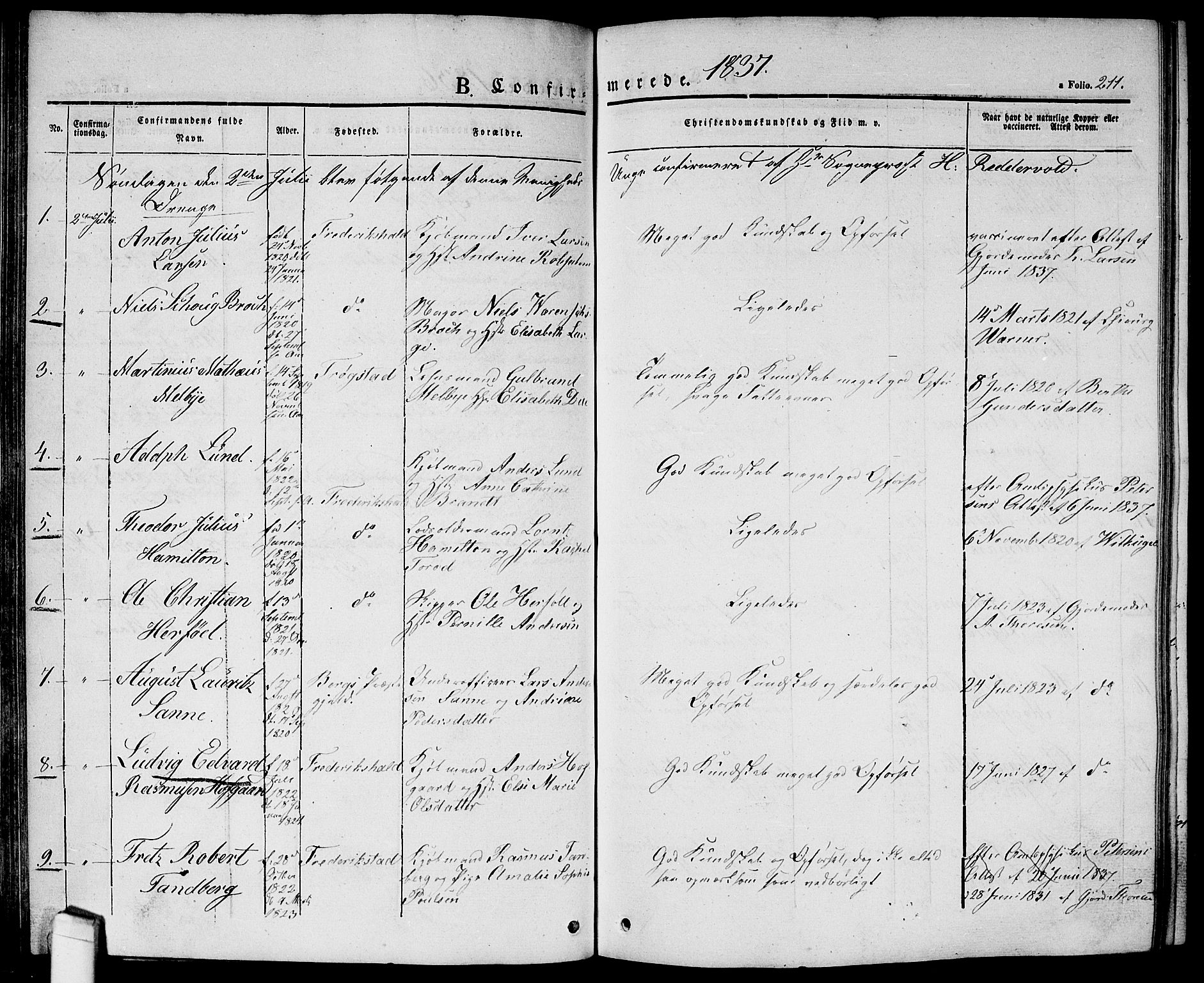 Halden prestekontor Kirkebøker, SAO/A-10909/G/Ga/L0003: Parish register (copy) no. 3, 1834-1844, p. 211