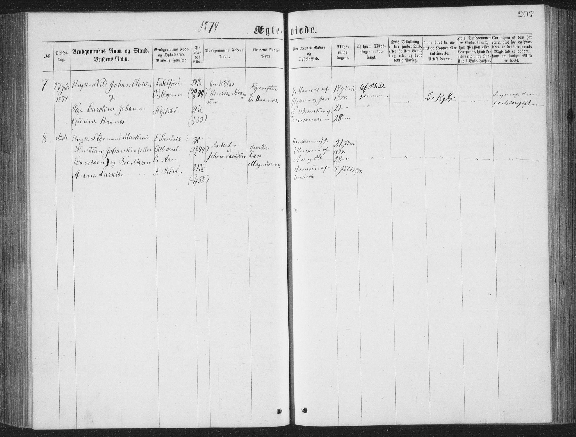 Ministerialprotokoller, klokkerbøker og fødselsregistre - Nordland, AV/SAT-A-1459/886/L1225: Parish register (copy) no. 886C02, 1874-1896, p. 207