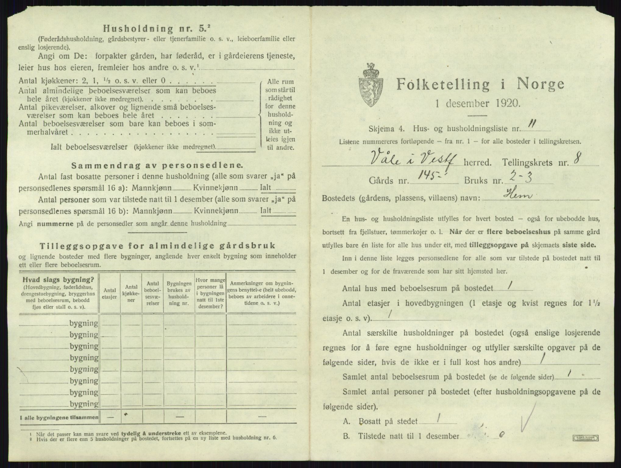 SAKO, 1920 census for Våle, 1920, p. 994