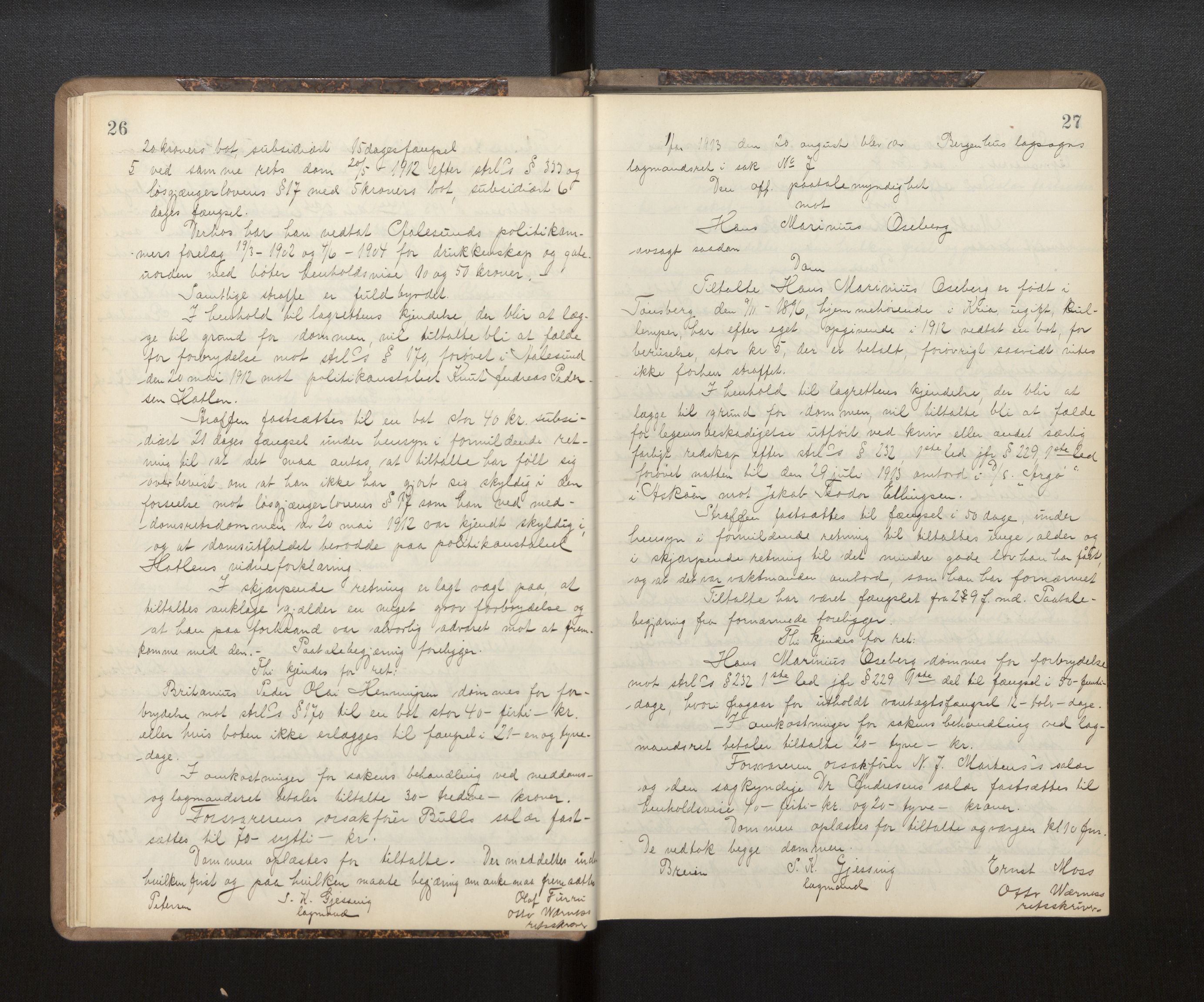 Gulating lagmannsrett, AV/SAB-A-60201/D/Da/L0005: Domsprotokoll for straffesaker - Gula- og Frostating lagdømme, 1912-1918, p. 26-27
