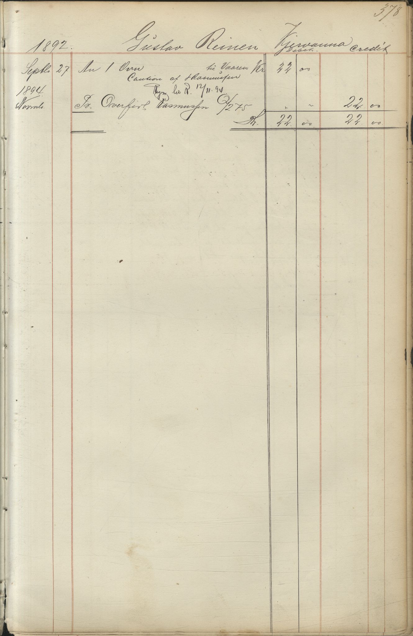 Brodtkorb handel A/S, VAMU/A-0001/F/Fc/L0001/0001: Konto for kvener og nordmenn på Kolahalvøya  / Conto for Kvæner og Nordmænd paa Russefinmarken No 1, 1868-1894, p. 378