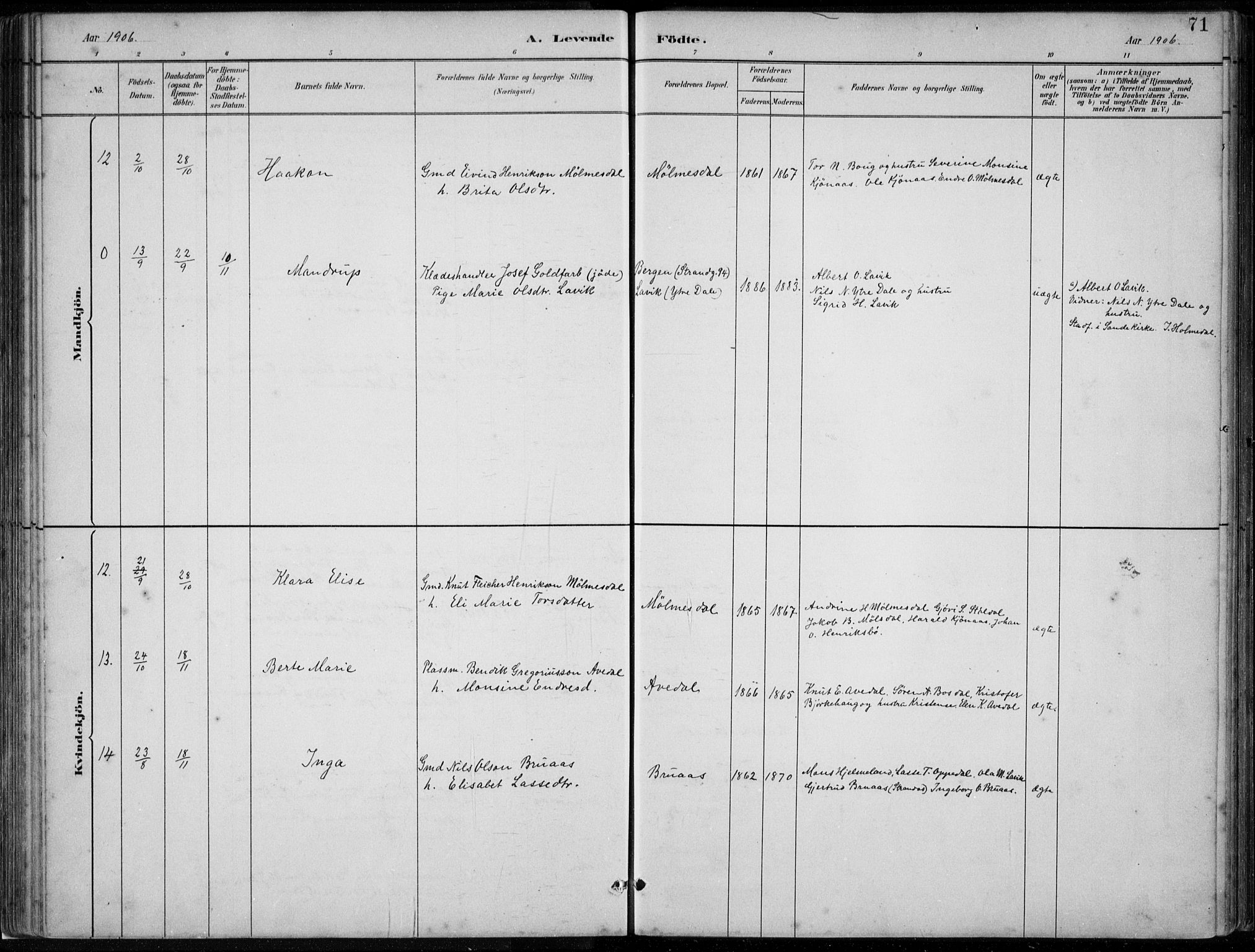 Lavik sokneprestembete, AV/SAB-A-80901: Parish register (copy) no. A 2, 1882-1910, p. 71