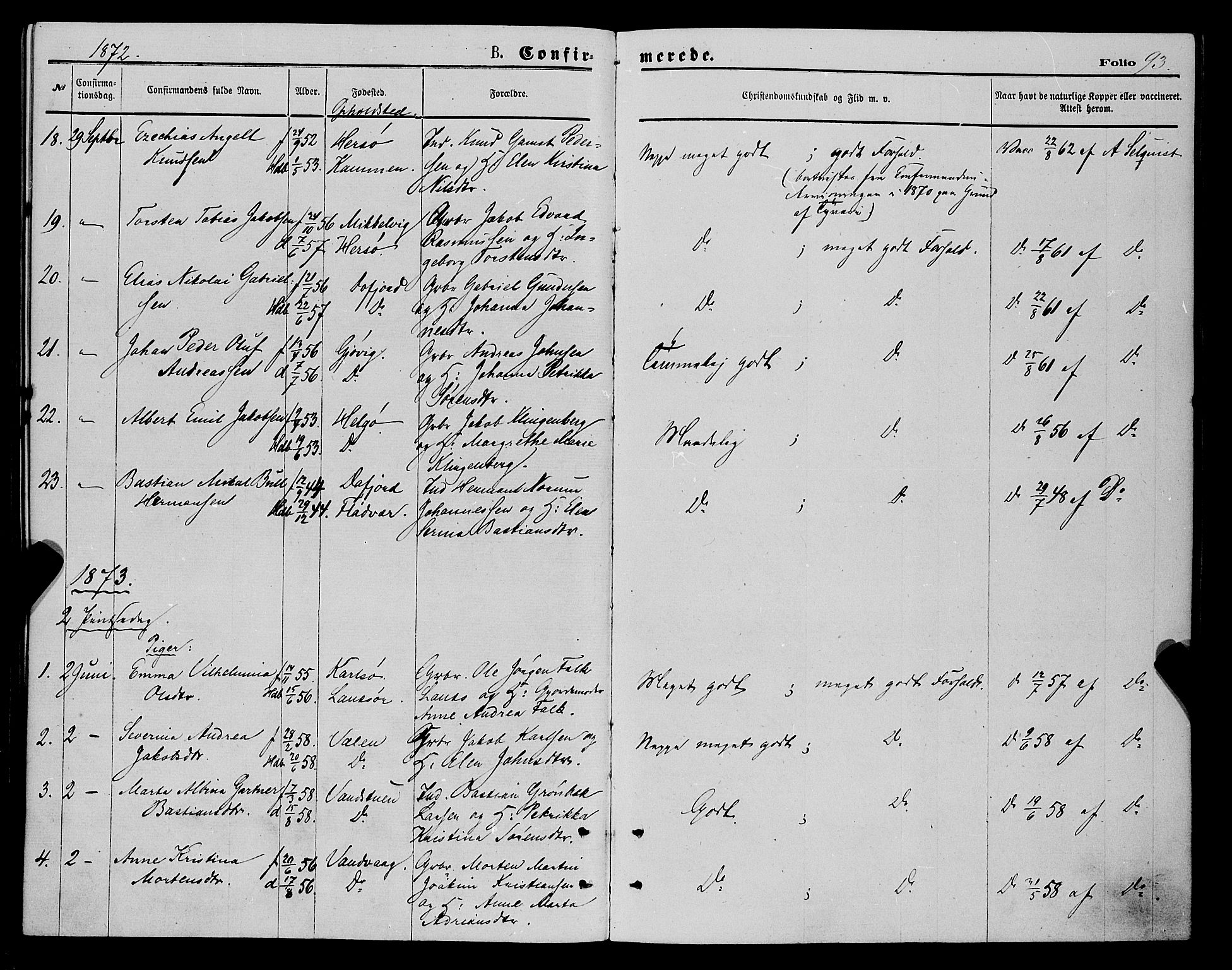 Karlsøy sokneprestembete, SATØ/S-1299/H/Ha/Haa/L0005kirke: Parish register (official) no. 5, 1872-1878, p. 93