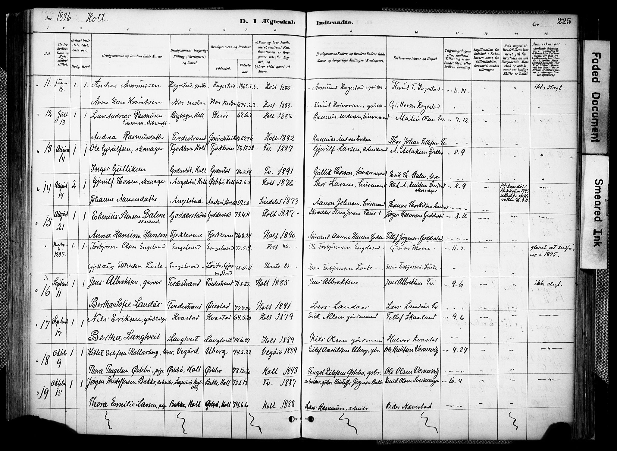 Holt sokneprestkontor, AV/SAK-1111-0021/F/Fa/L0012: Parish register (official) no. A 12, 1885-1907, p. 225