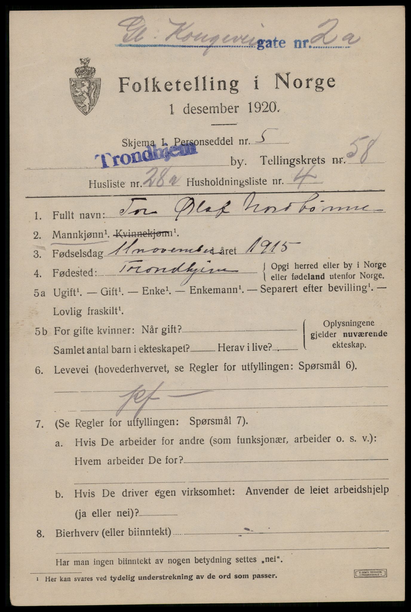 SAT, 1920 census for Trondheim, 1920, p. 118270