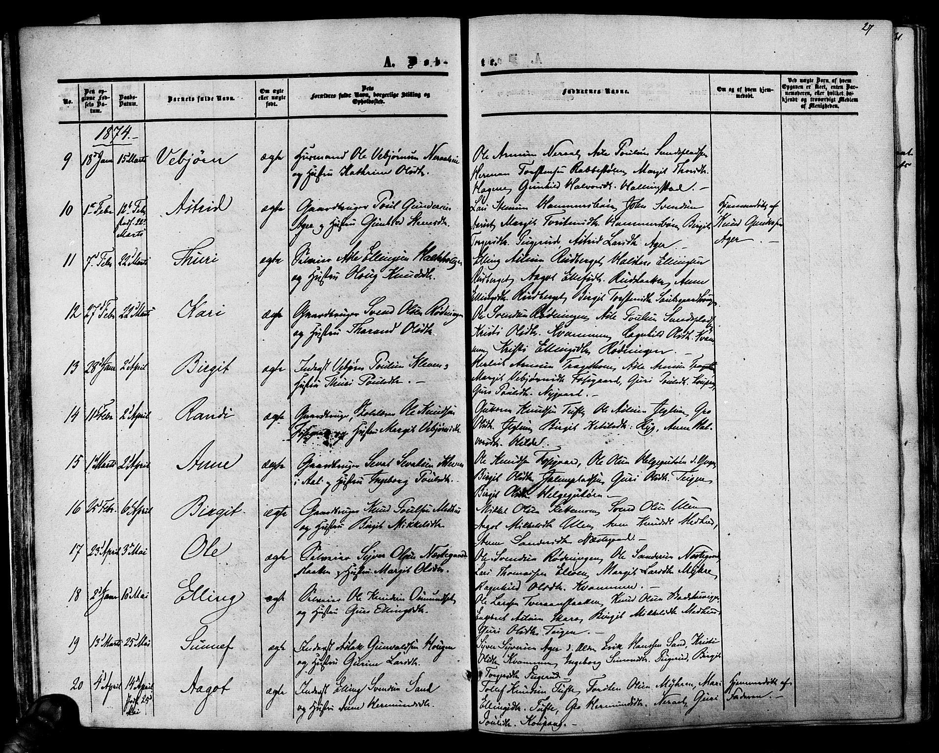 Hol kirkebøker, SAKO/A-227/F/Fa/L0002: Parish register (official) no. I 2, 1870-1886, p. 27