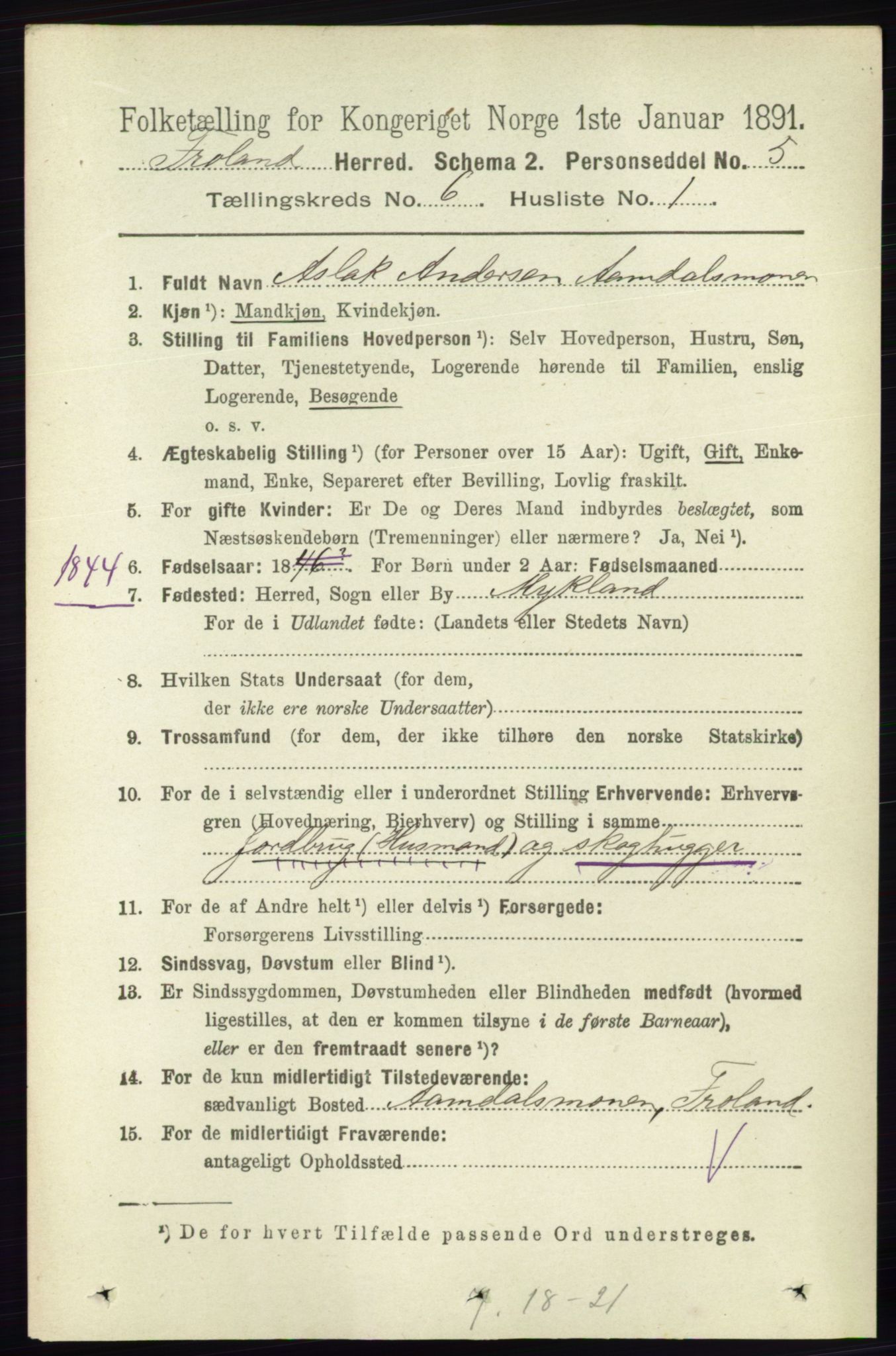 RA, 1891 census for 0919 Froland, 1891, p. 2208