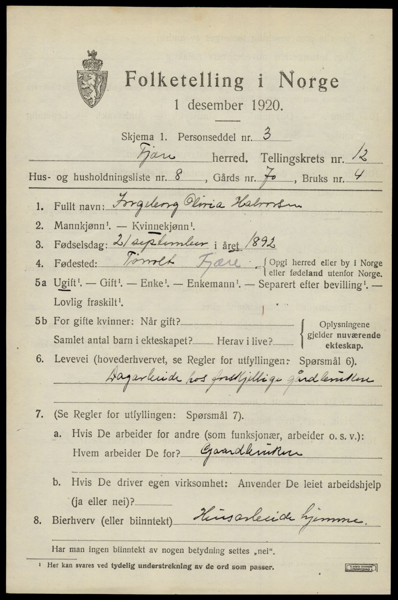SAK, 1920 census for Fjære, 1920, p. 12251