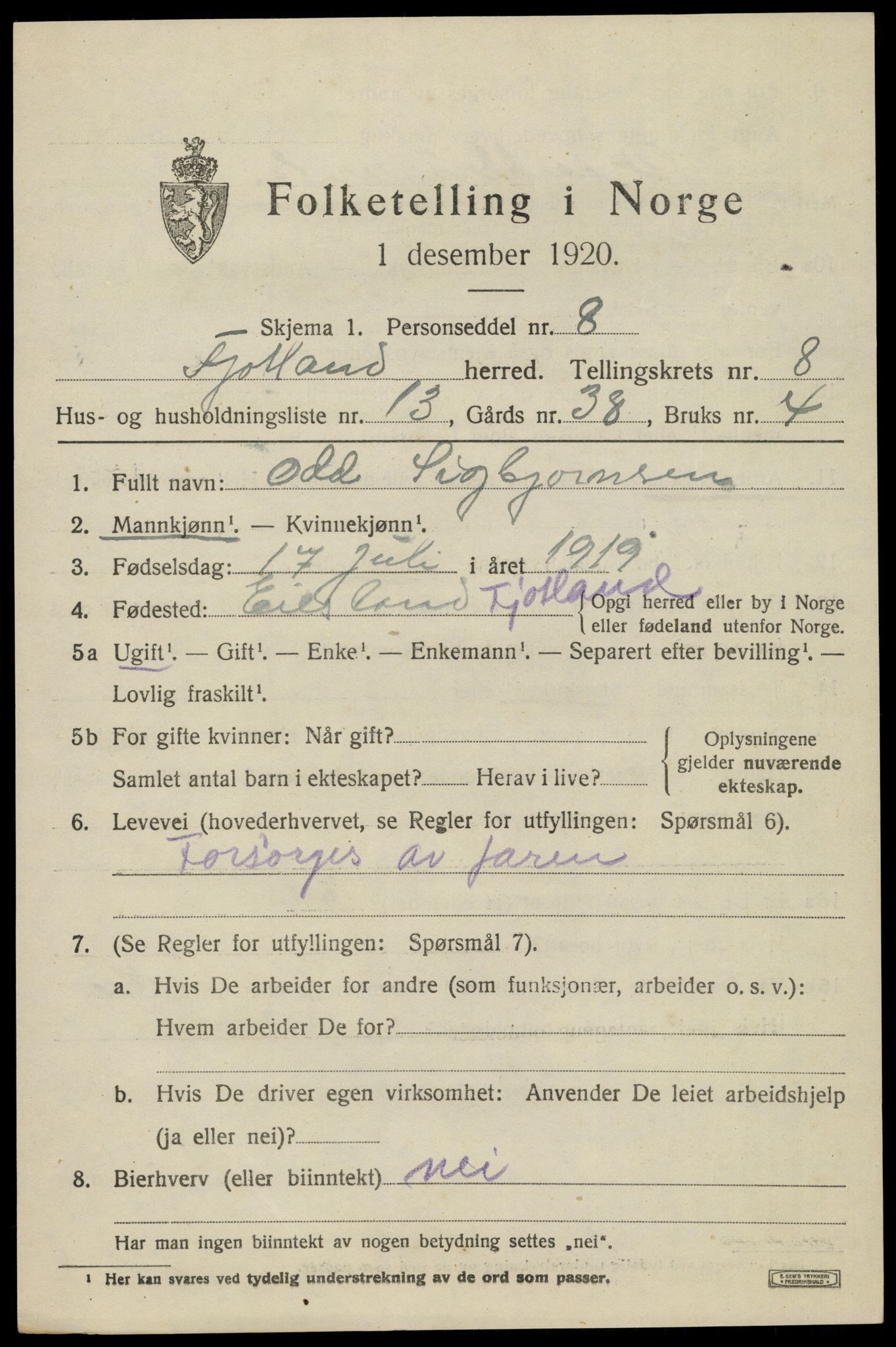 SAK, 1920 census for Fjotland, 1920, p. 2136