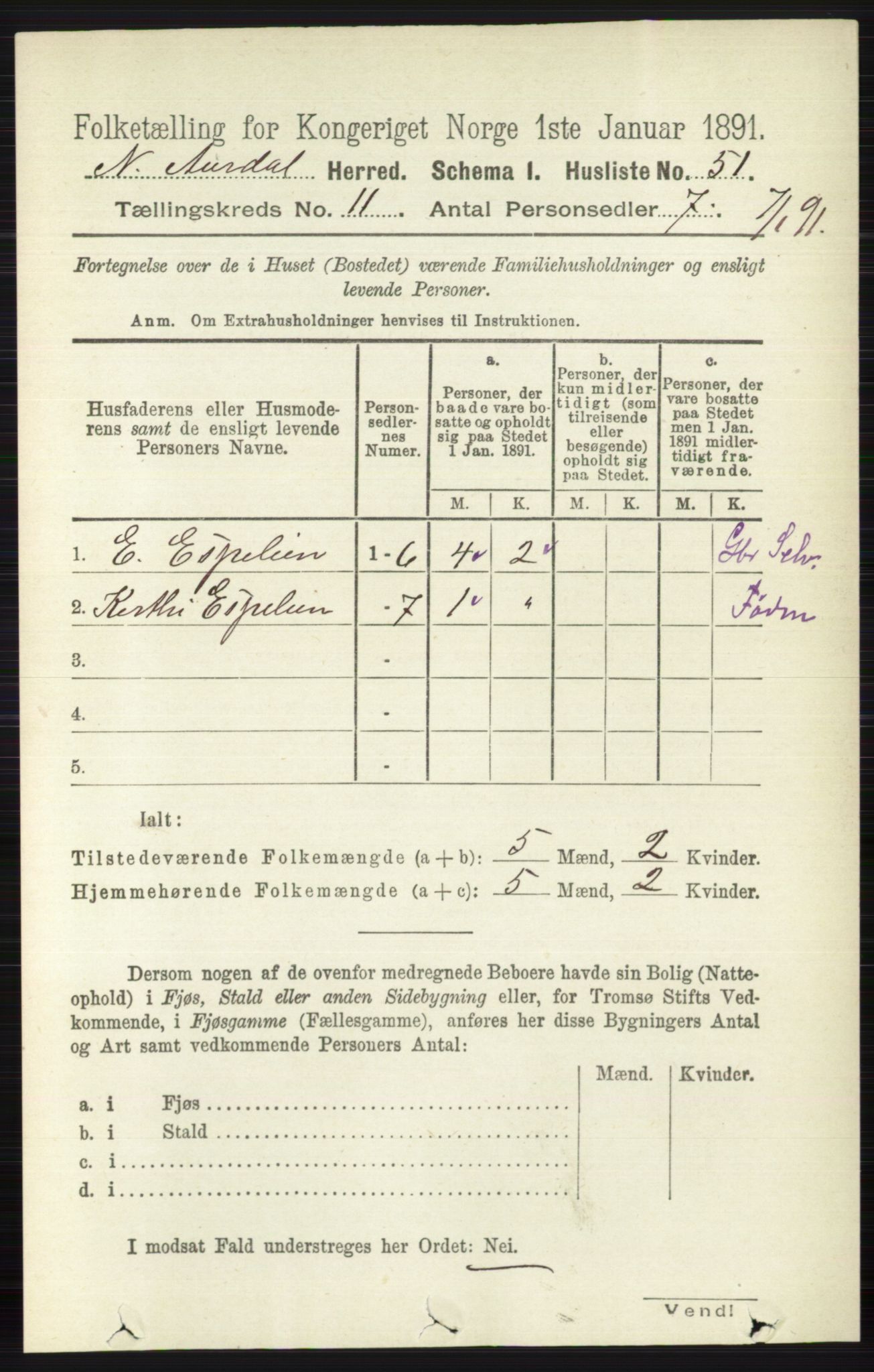 RA, 1891 census for 0542 Nord-Aurdal, 1891, p. 4109