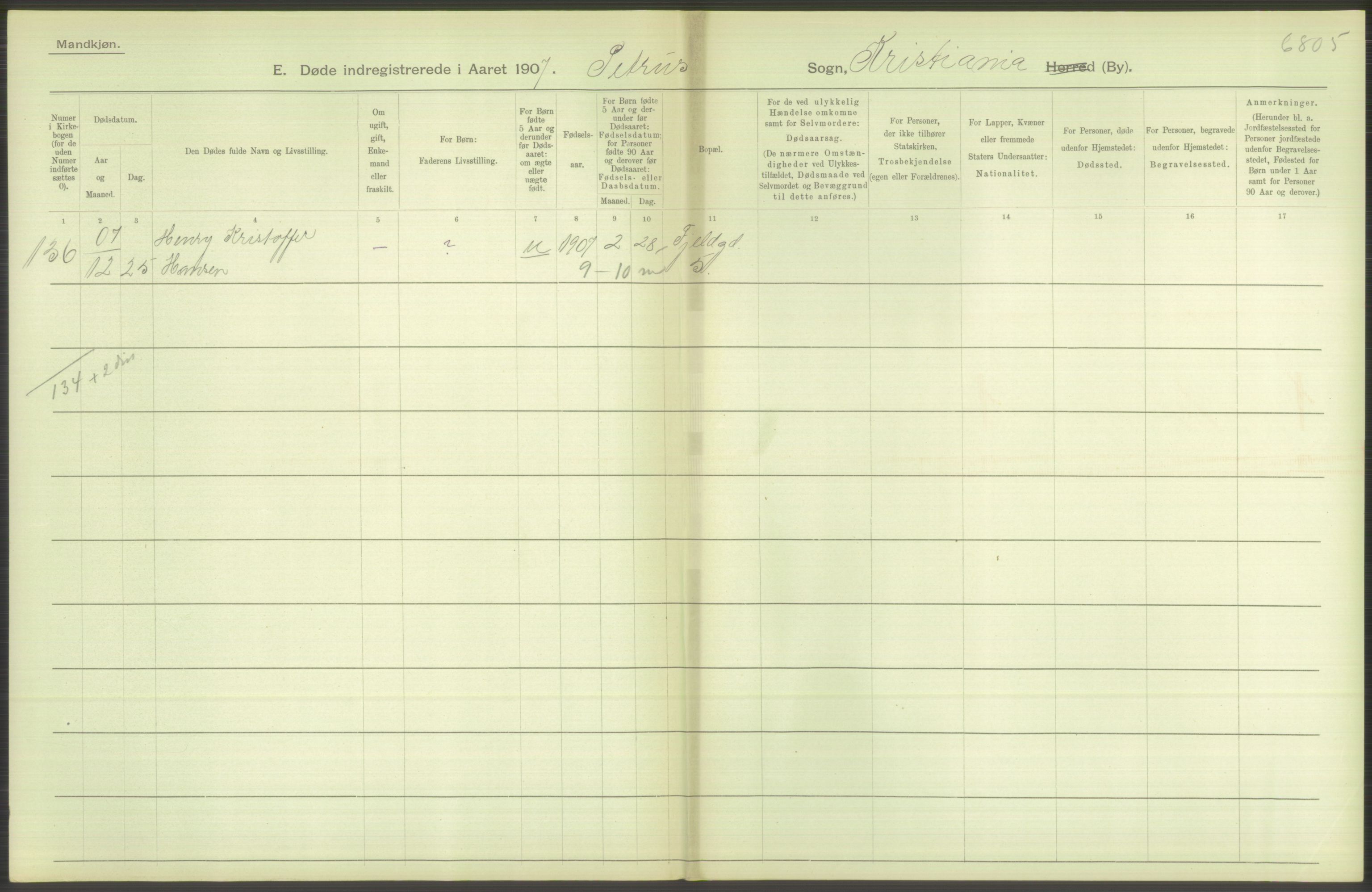 Statistisk sentralbyrå, Sosiodemografiske emner, Befolkning, RA/S-2228/D/Df/Dfa/Dfae/L0010: Kristiania: Døde, dødfødte, 1907, p. 250