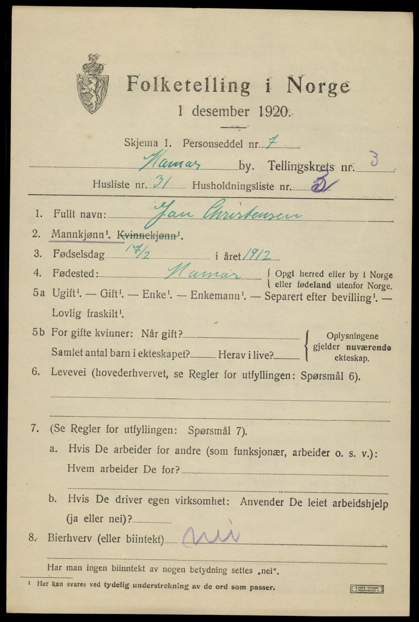 SAH, 1920 census for Hamar, 1920, p. 7519