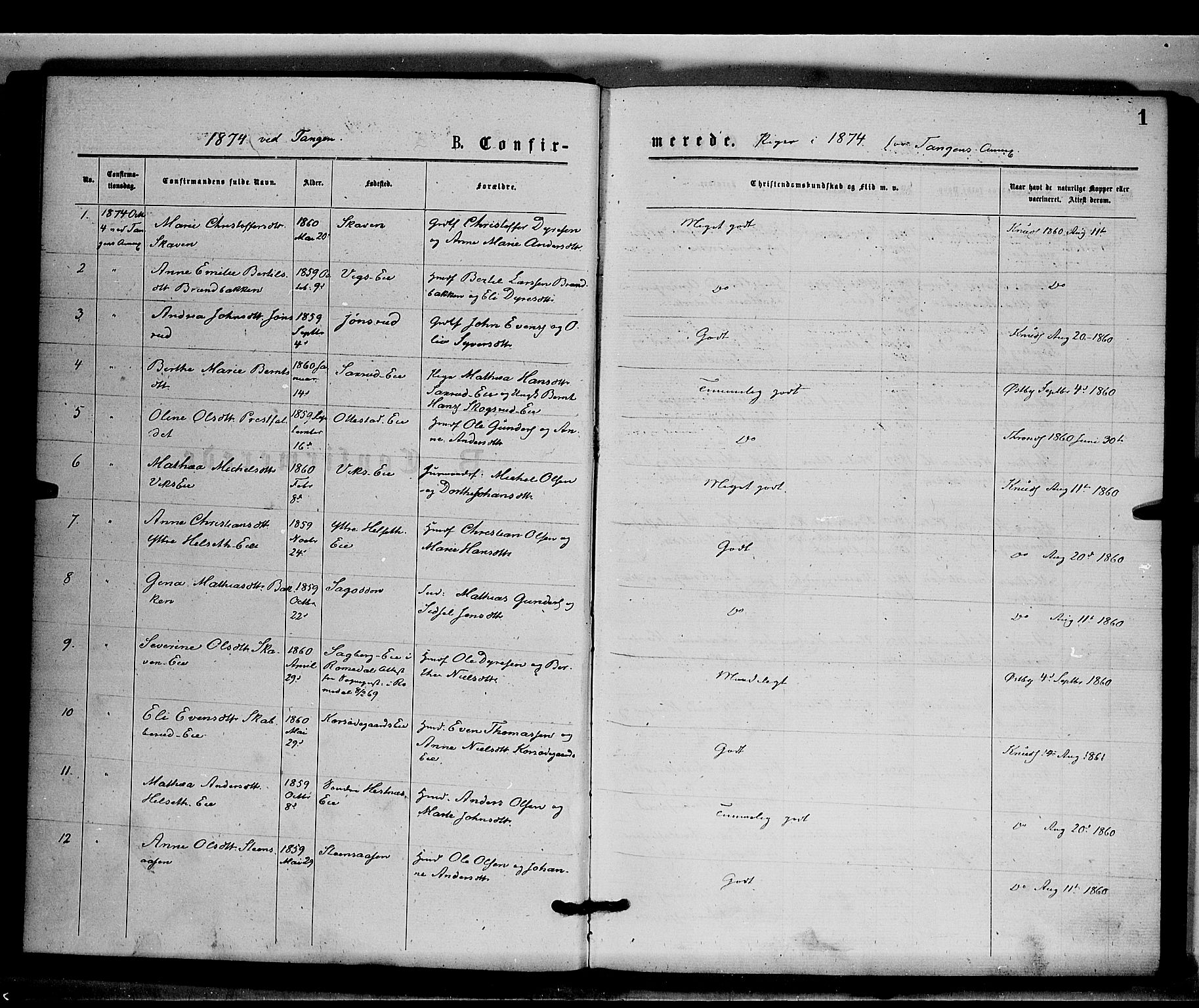 Stange prestekontor, SAH/PREST-002/K/L0016: Parish register (official) no. 16, 1874-1879, p. 1