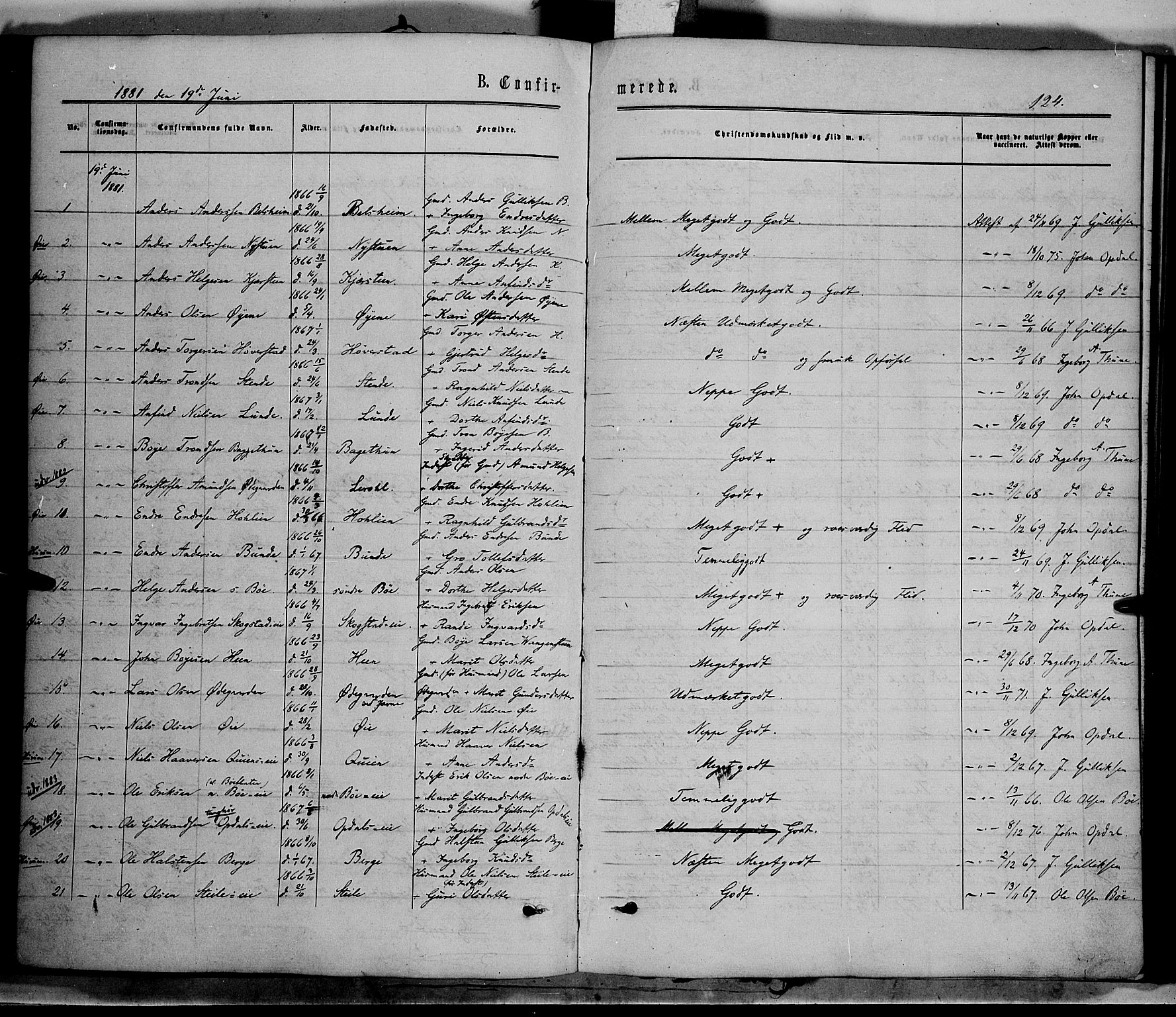 Vang prestekontor, Valdres, SAH/PREST-140/H/Ha/L0007: Parish register (official) no. 7, 1865-1881, p. 124