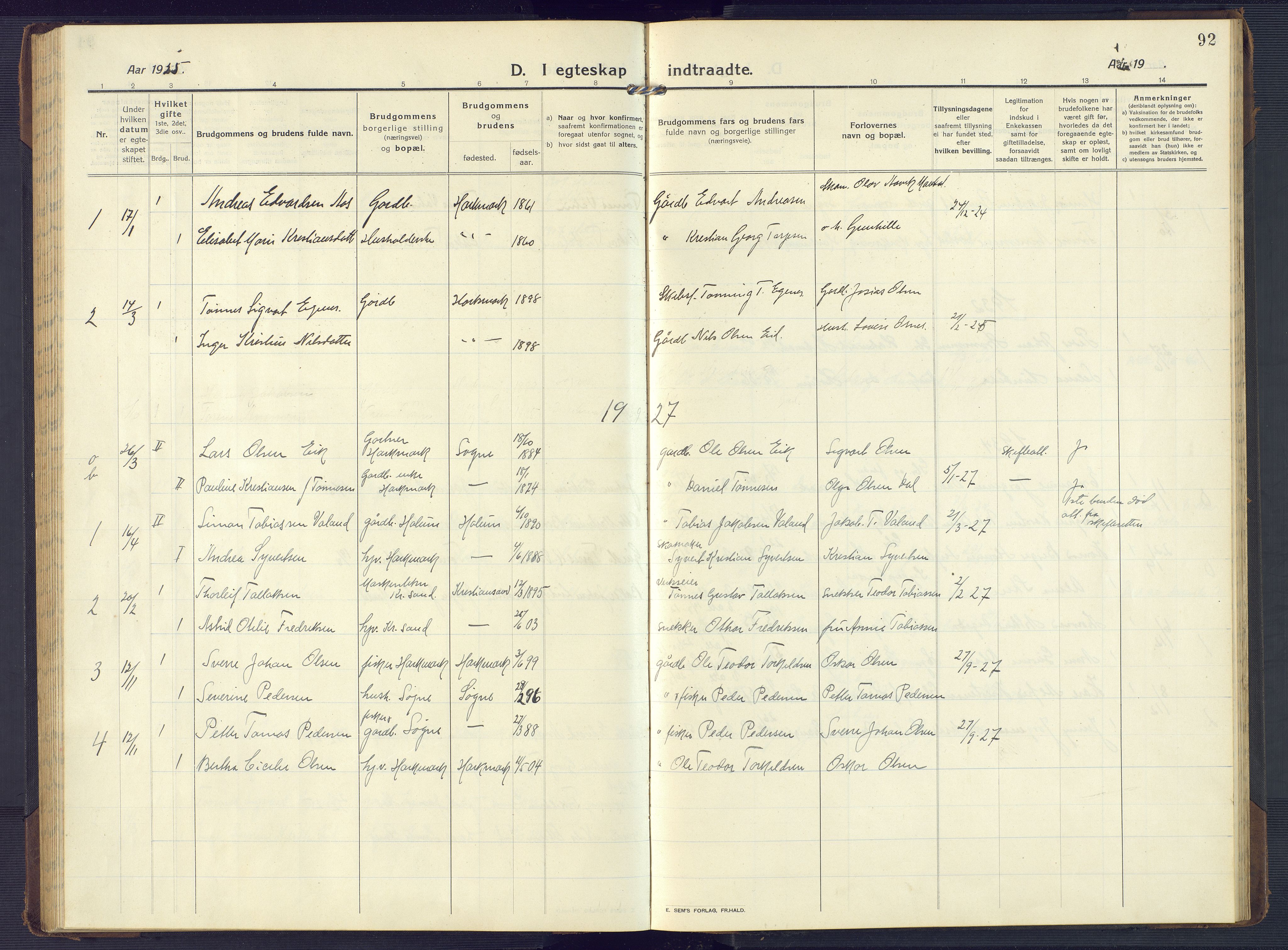 Mandal sokneprestkontor, SAK/1111-0030/F/Fb/Fbb/L0005: Parish register (copy) no. B 5, 1913-1957, p. 92
