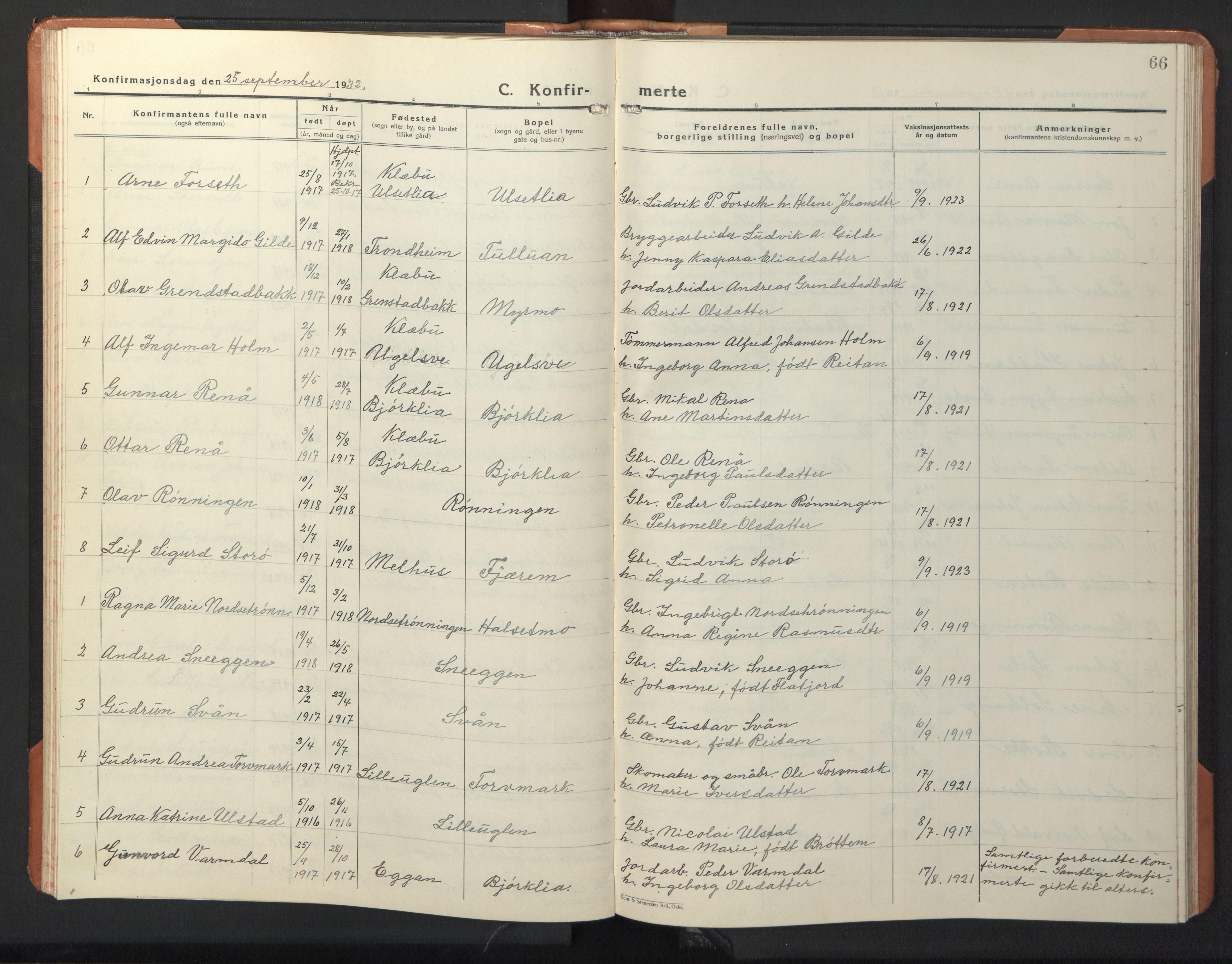 Ministerialprotokoller, klokkerbøker og fødselsregistre - Sør-Trøndelag, SAT/A-1456/618/L0454: Parish register (copy) no. 618C05, 1926-1946, p. 66