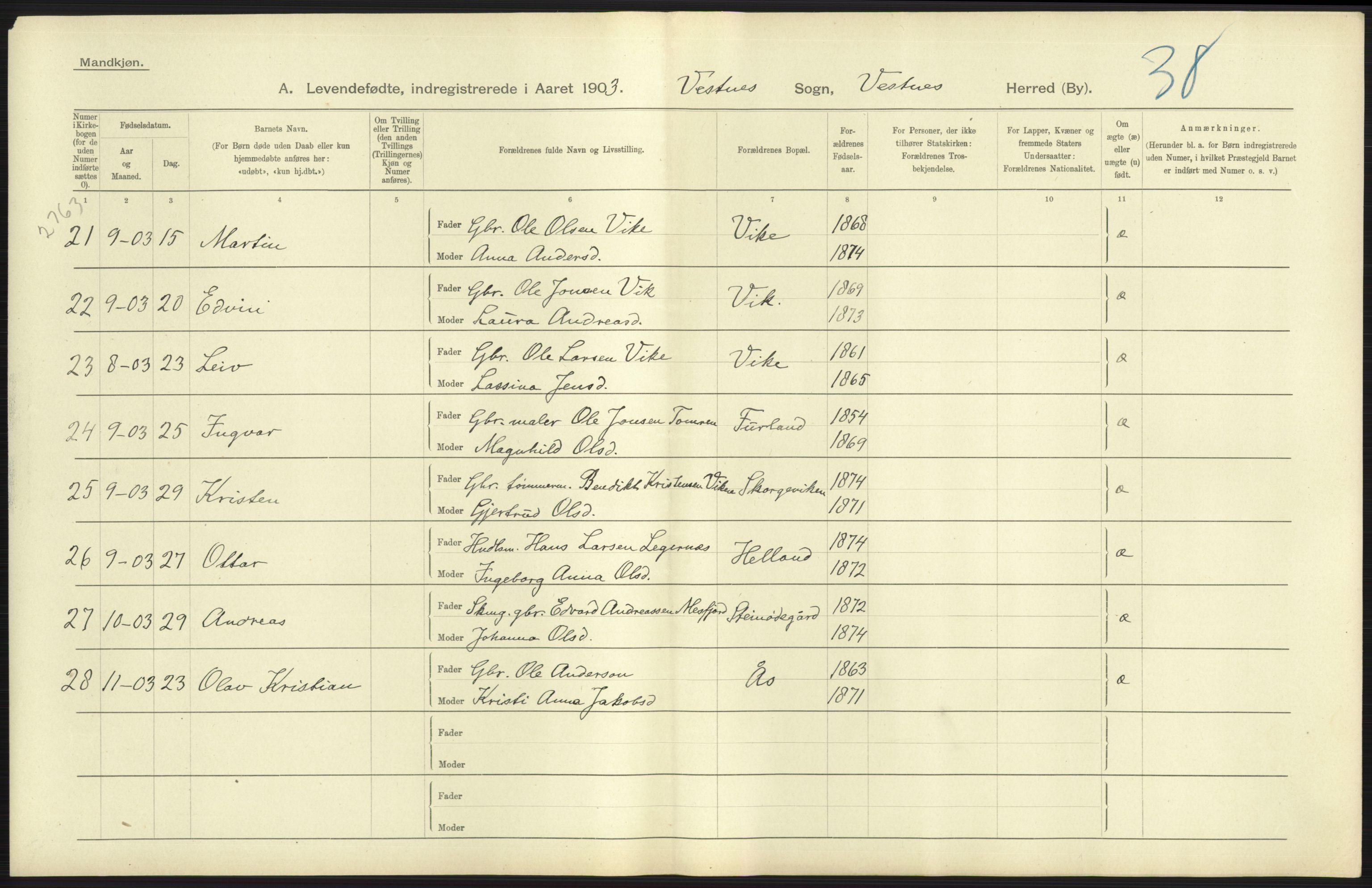 Statistisk sentralbyrå, Sosiodemografiske emner, Befolkning, AV/RA-S-2228/D/Df/Dfa/Dfaa/L0016: Romsdal amt: Fødte, gifte, døde., 1903, p. 35