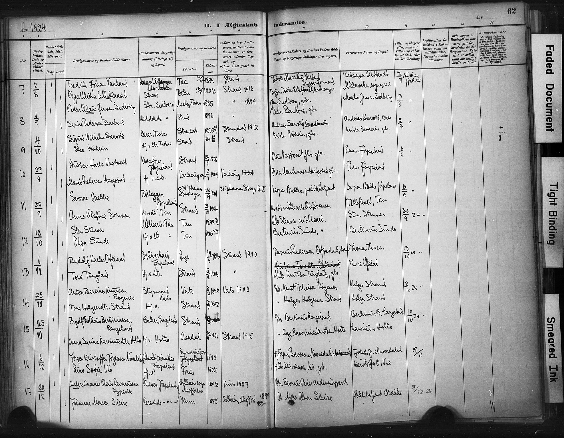 Strand sokneprestkontor, AV/SAST-A-101828/H/Ha/Haa/L0010: Parish register (official) no. A 10, 1882-1929, p. 62