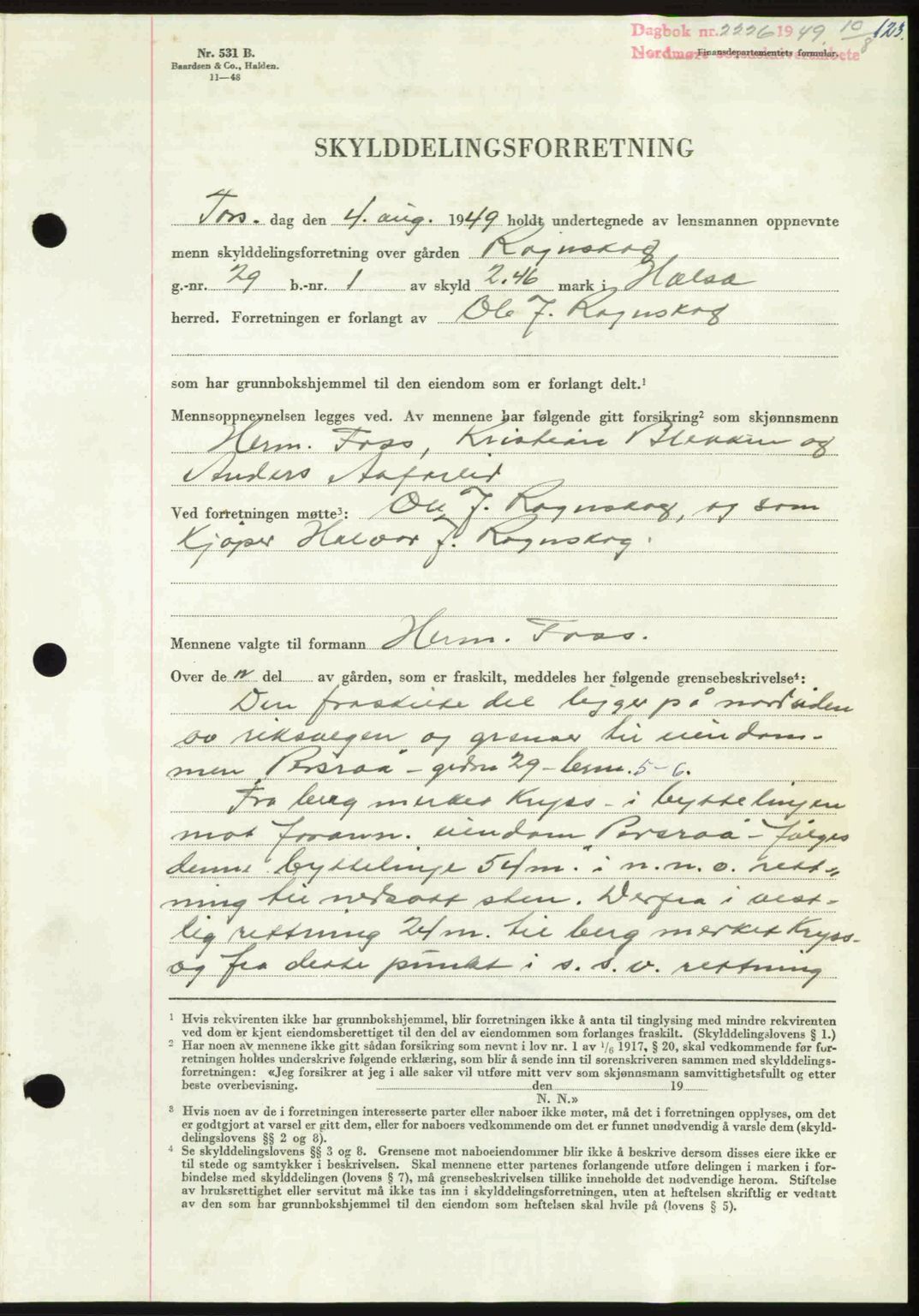 Nordmøre sorenskriveri, AV/SAT-A-4132/1/2/2Ca: Mortgage book no. A112, 1949-1949, Diary no: : 2226/1949