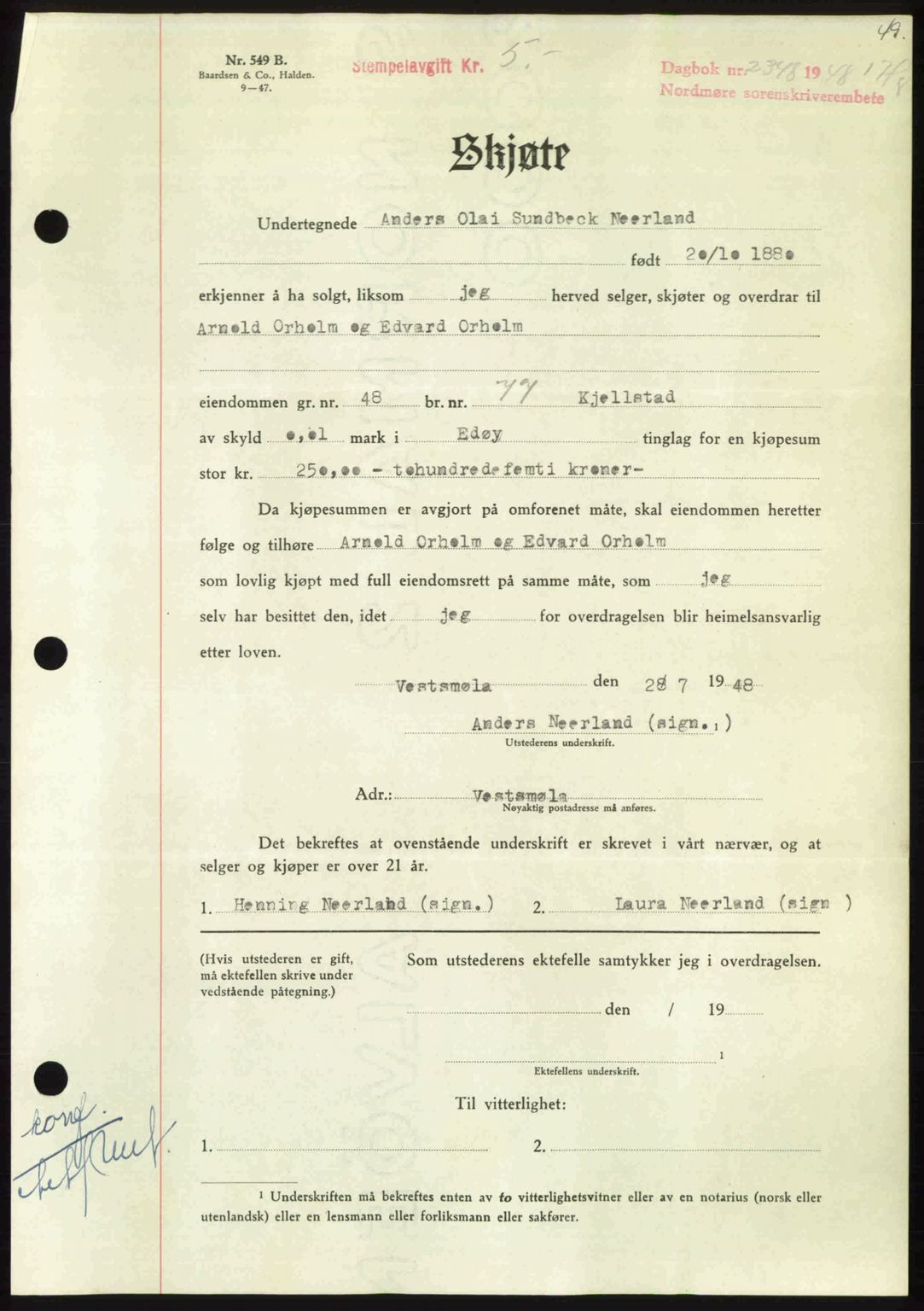 Nordmøre sorenskriveri, AV/SAT-A-4132/1/2/2Ca: Mortgage book no. A109, 1948-1948, Diary no: : 2348/1948