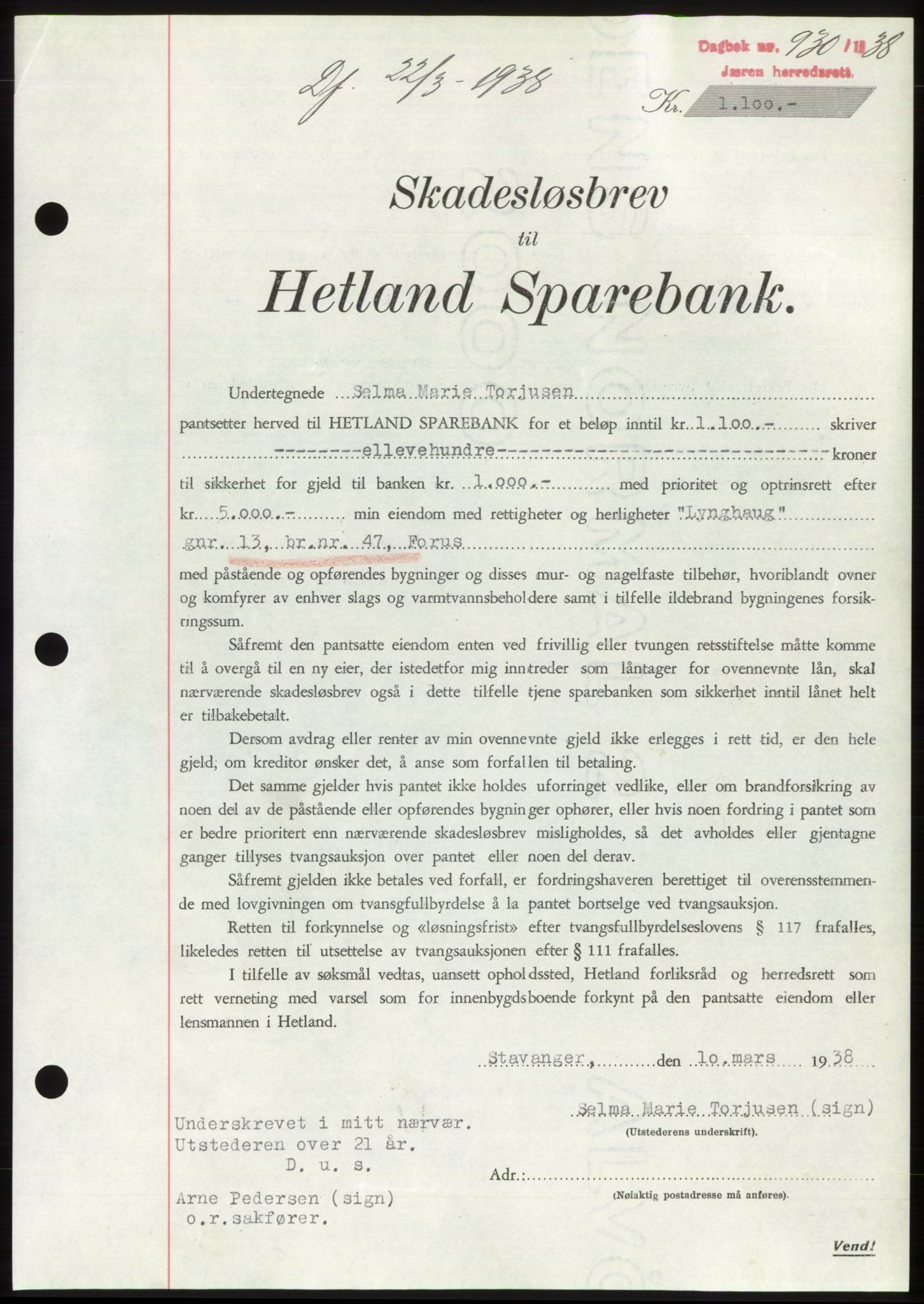 Jæren sorenskriveri, SAST/A-100310/03/G/Gba/L0070: Mortgage book, 1938-1938, Diary no: : 930/1938