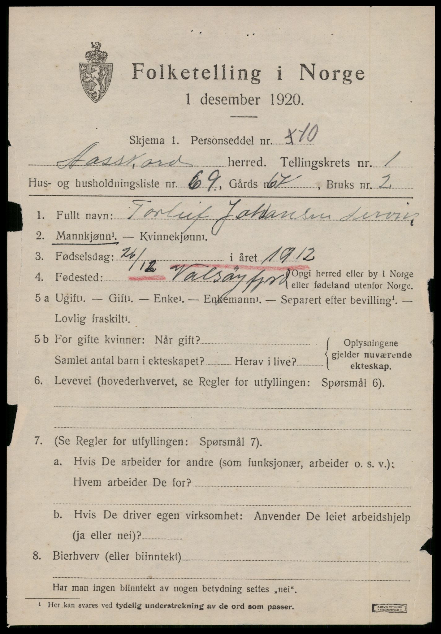 SAT, 1920 census for Åsskard, 1920, p. 1189